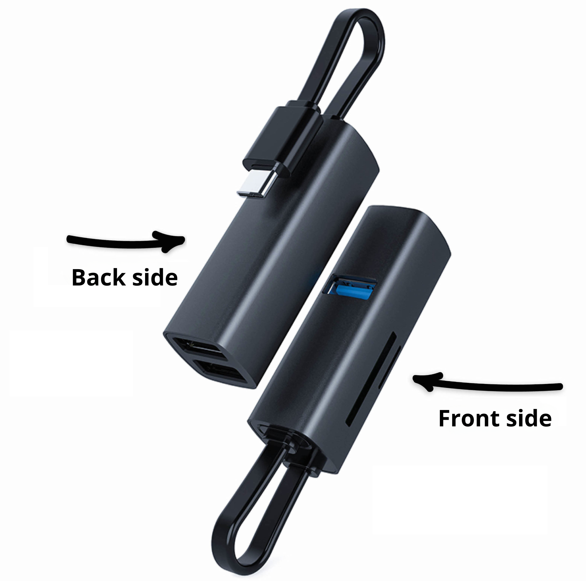 Black USB hub with USB-C and USB ports, front and back labeled.