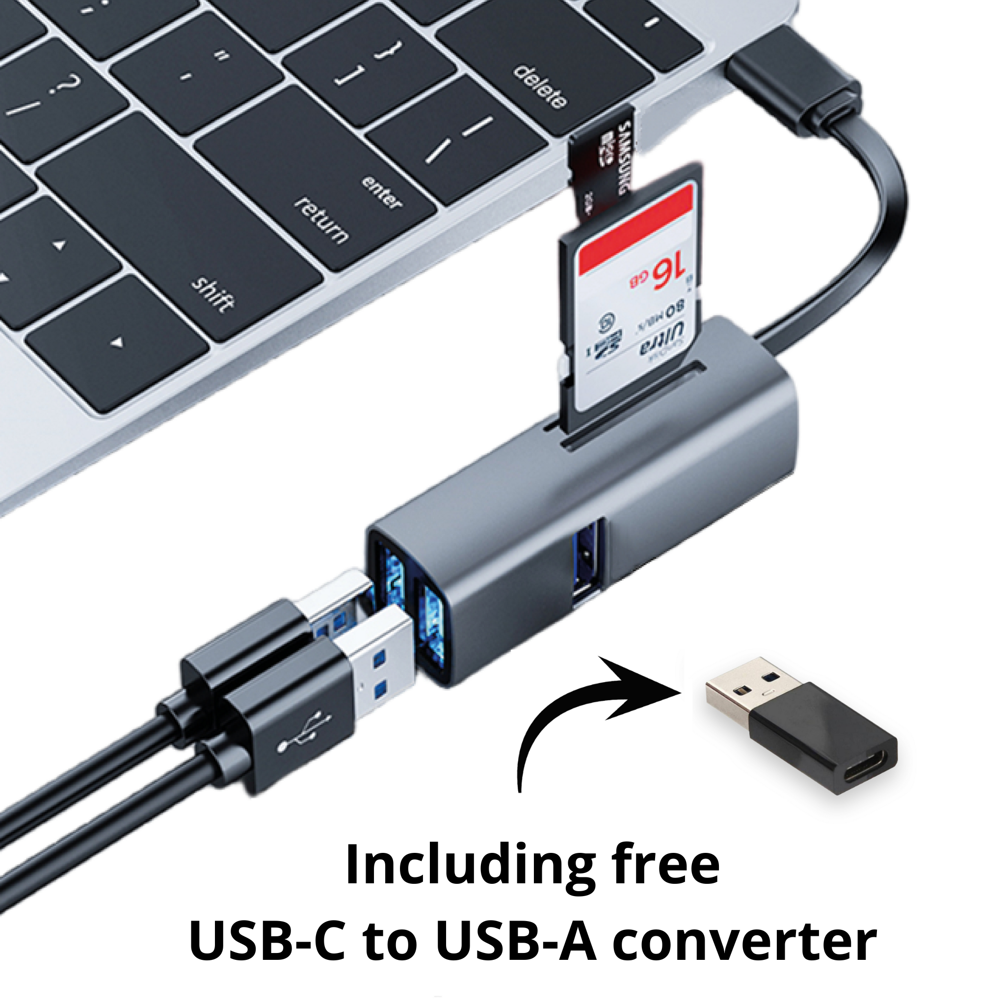 A gray USB hub with a black cable, a USB-C to USB-A converter, and an SD card inserted.