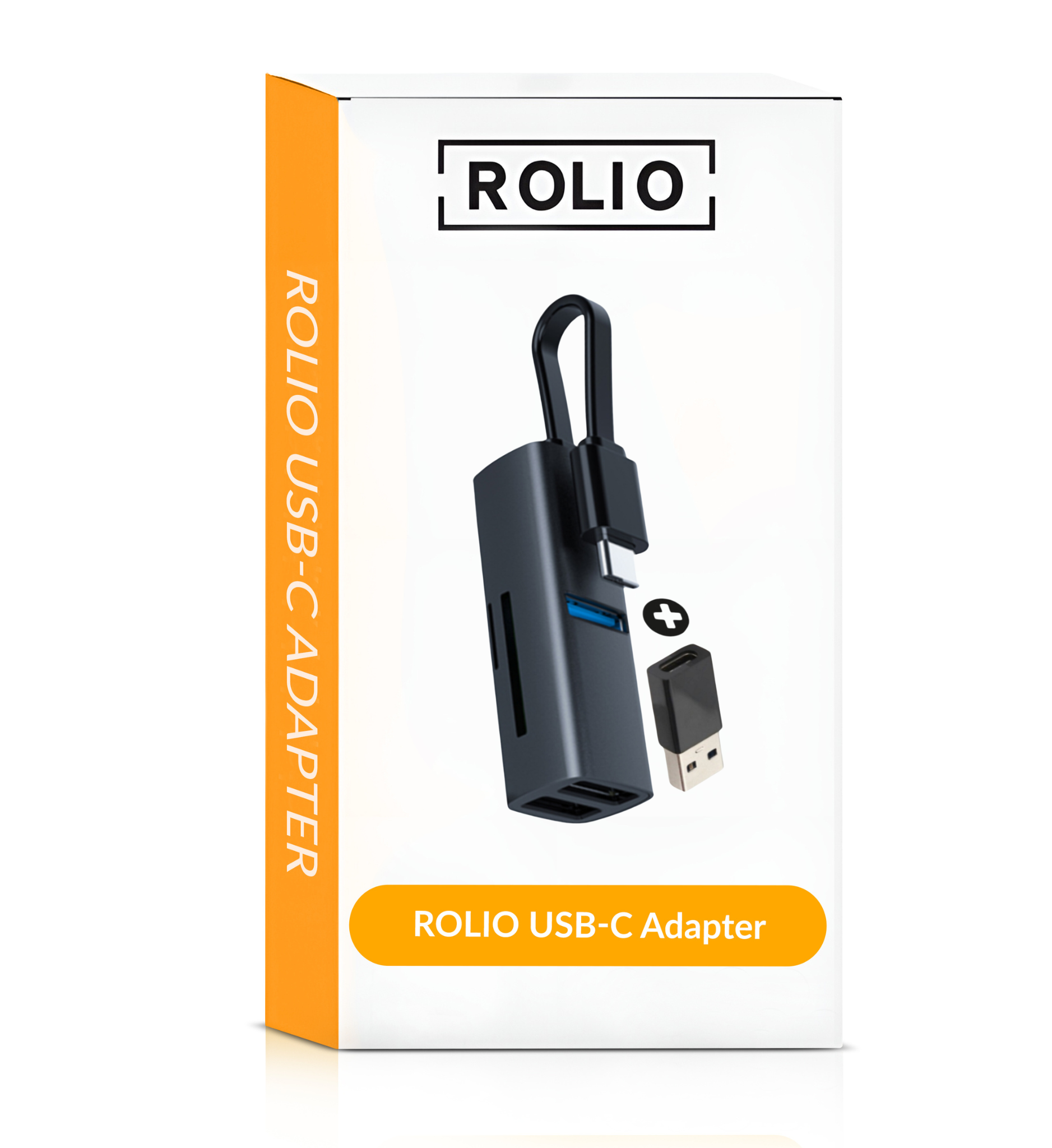 Box with a black USB-C adapter, and a USB adapter. The box has the brand name ROLIO.