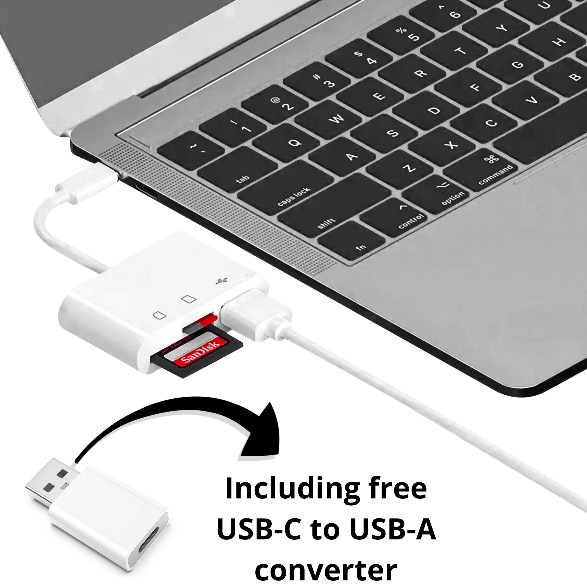 Laptop with a USB-C adapter and a Sandisk SD card inserted, white background.
