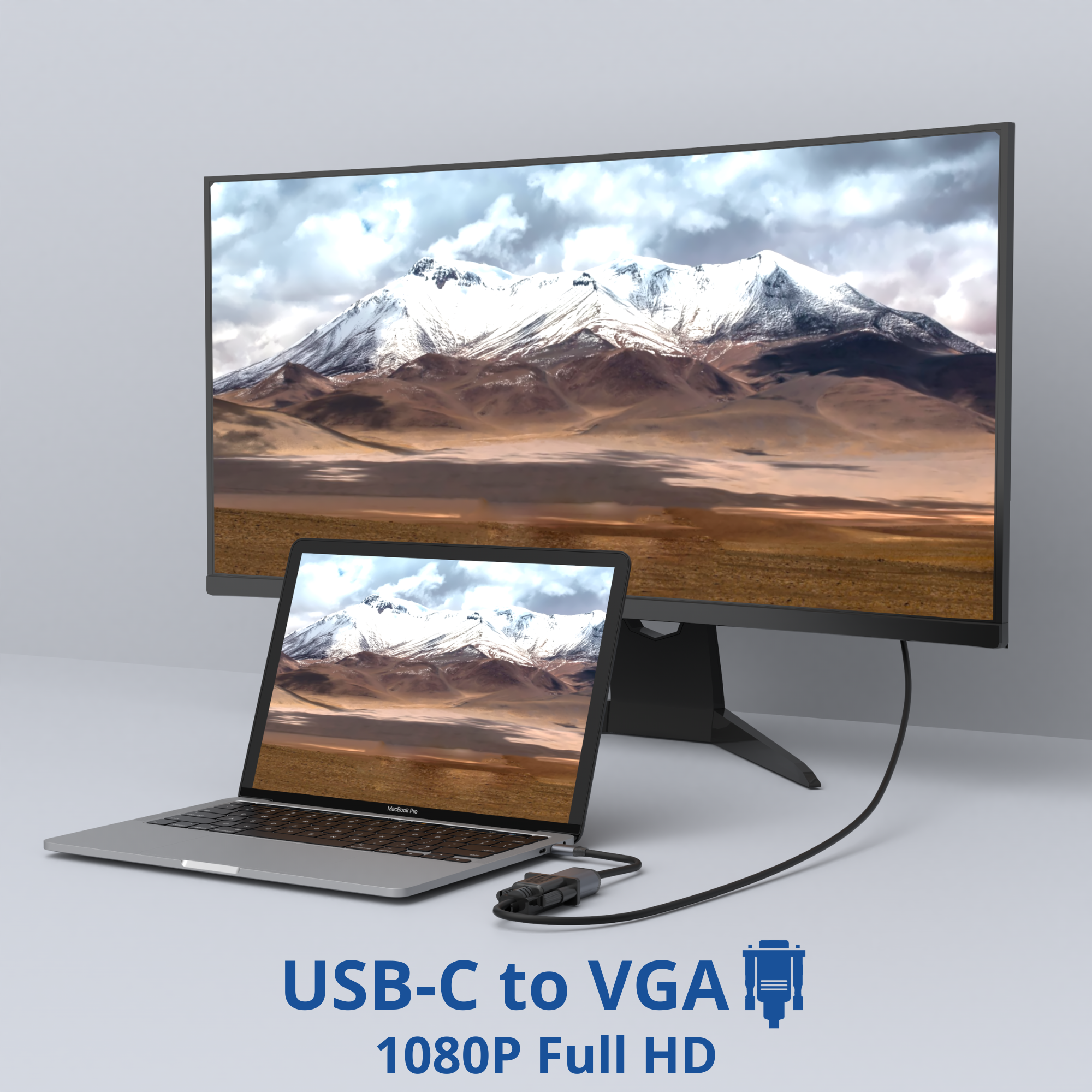 Ordinateur portable connecté à un grand moniteur via un adaptateur USB-C vers VGA noir.
