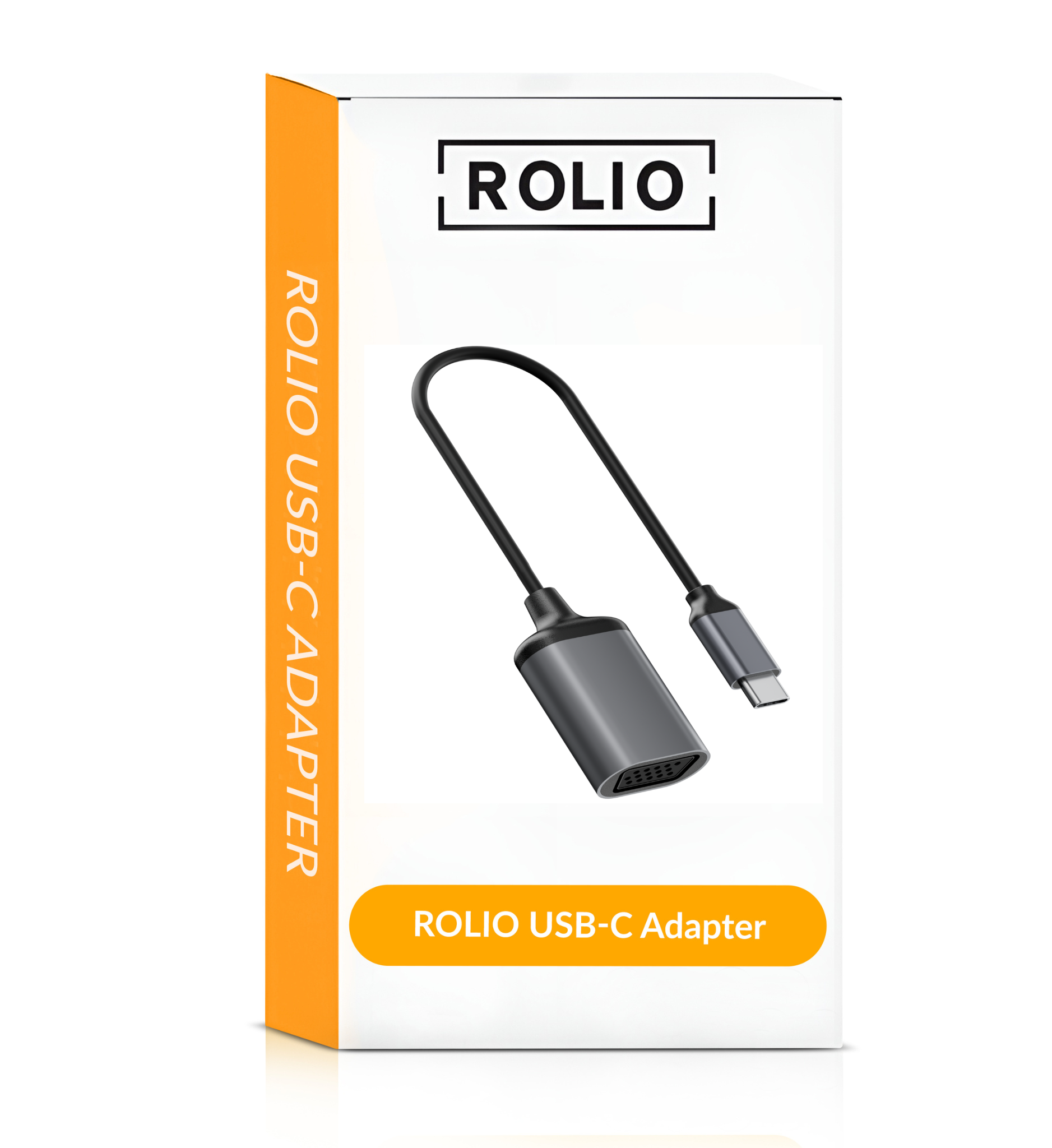 Une boîte blanche avec un adaptateur USB-C gris et la marque 'ROLIO' en orange.