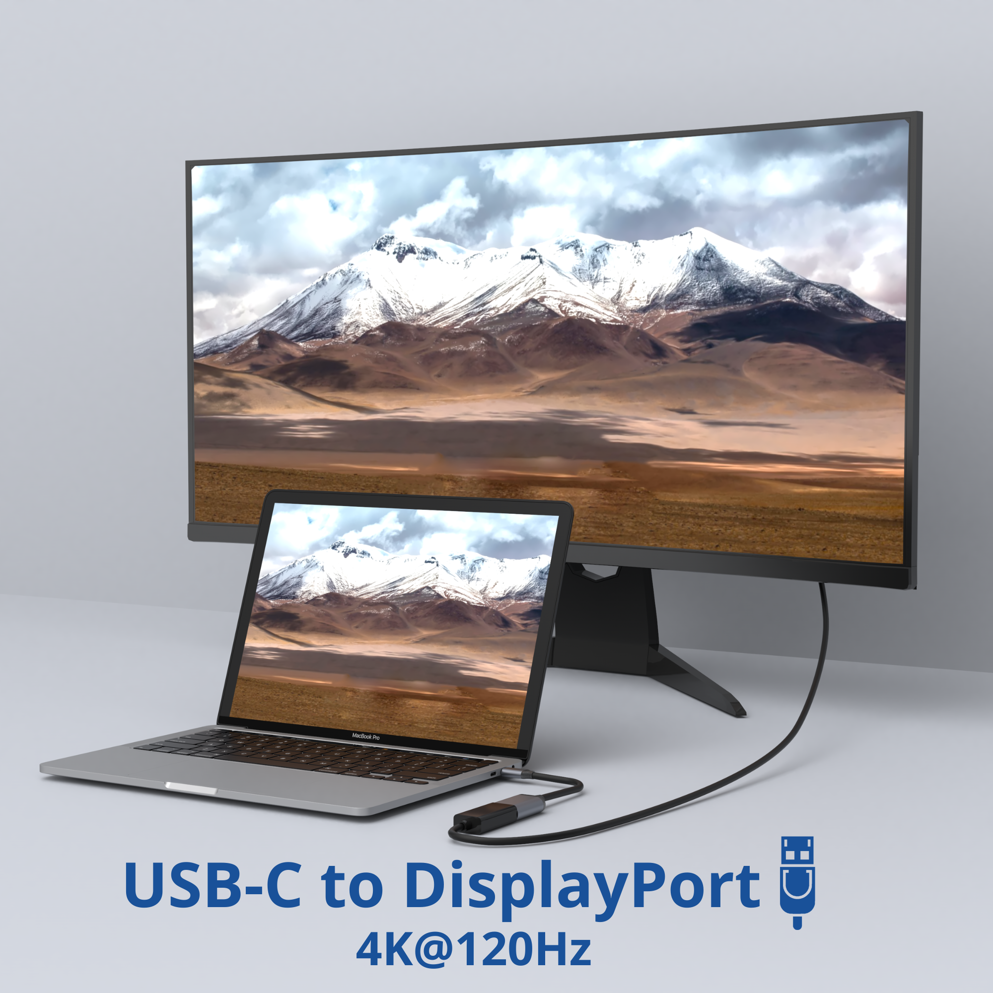Ordinateur portable connecté à un grand écran avec scène de montagne, câble USB-C, fond gris.