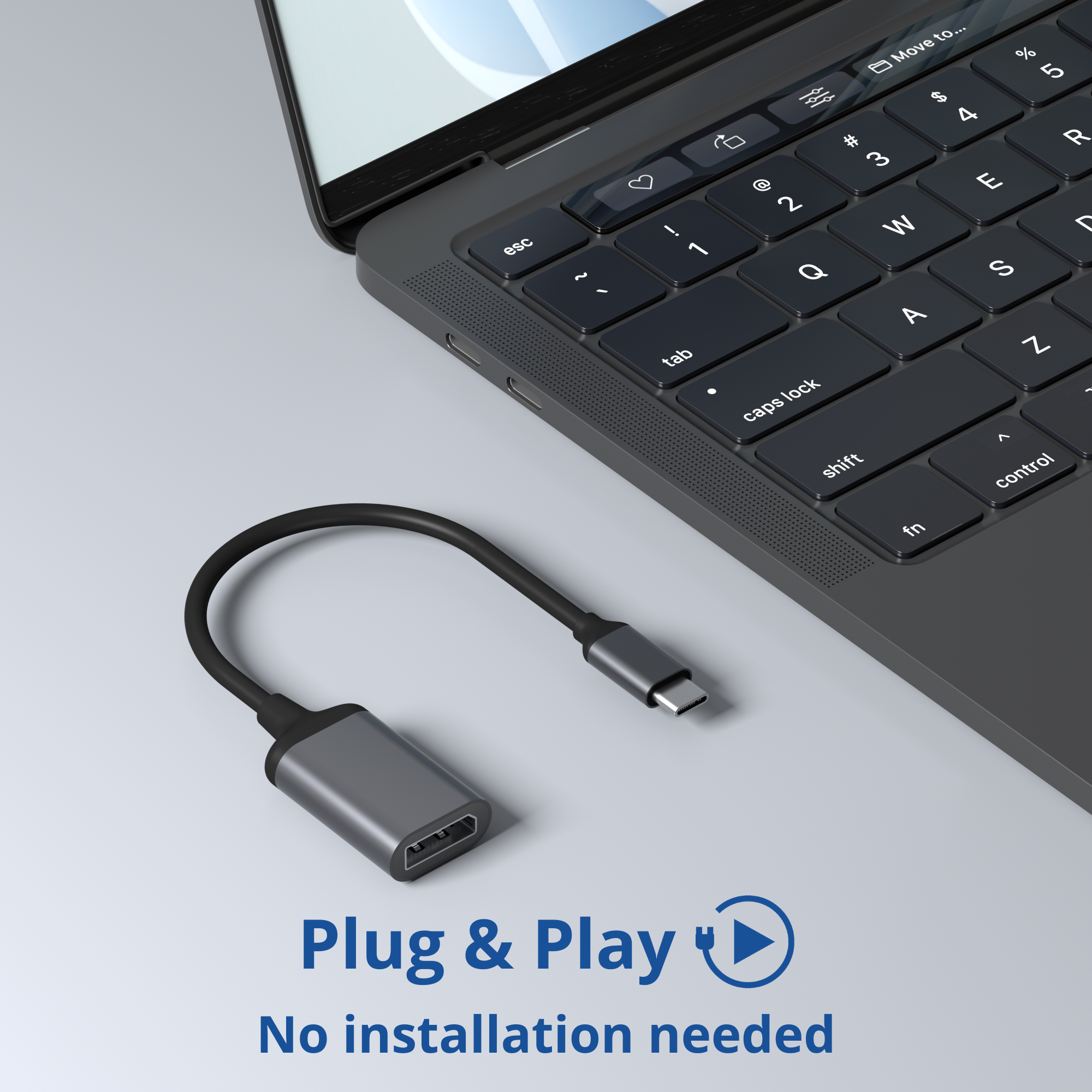 Un adaptateur gris est connecté à un ordinateur portable. Le texte indique Plug & Play et Aucune installation nécessaire.