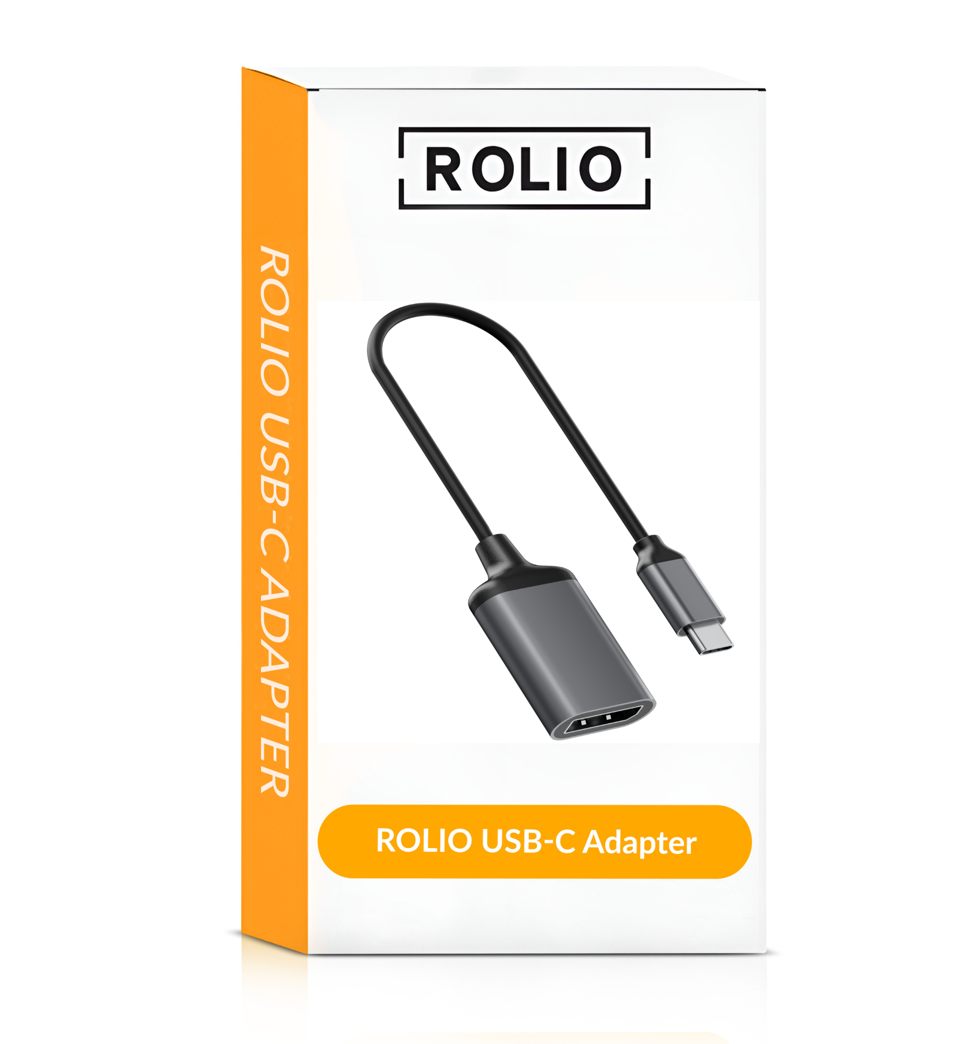 Une boîte blanche avec un adaptateur USB-C à l'intérieur. L'adaptateur est gris et possède un câble noir.