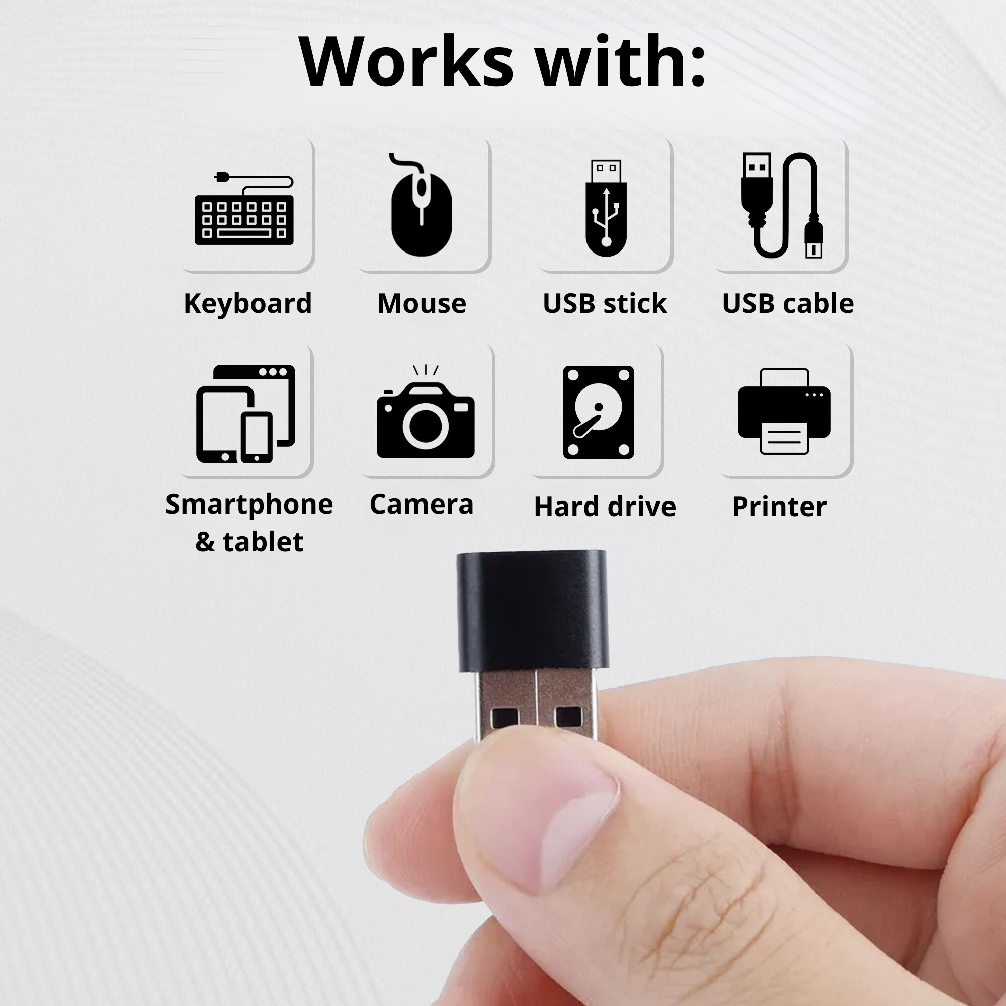 Un adaptateur USB est affiché. Des icônes pour divers appareils comme un clavier, une souris et une imprimante sont également visibles.