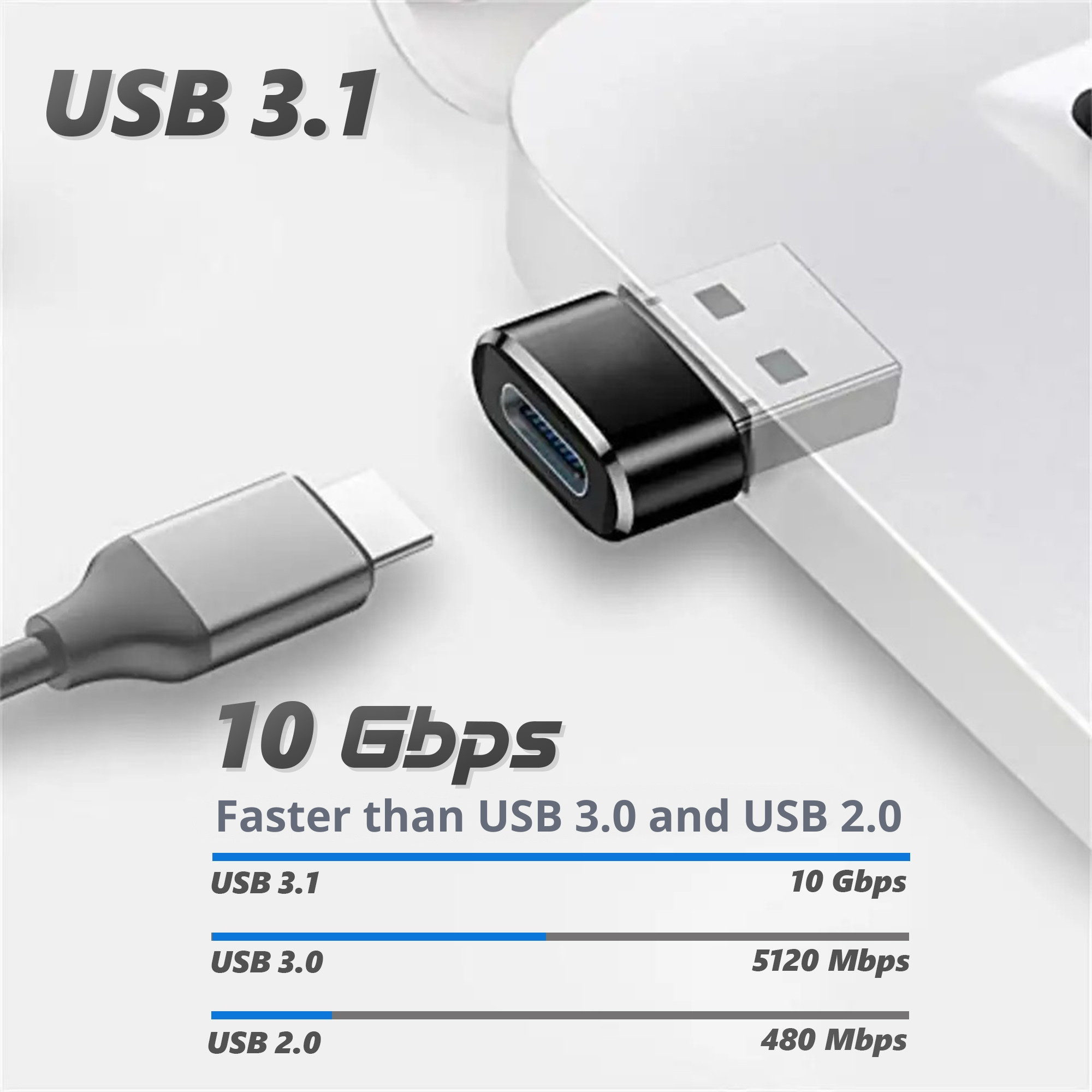 Image de comparaison USB 3.1 et USB 2.0 avec un adaptateur USB-C, fond blanc.