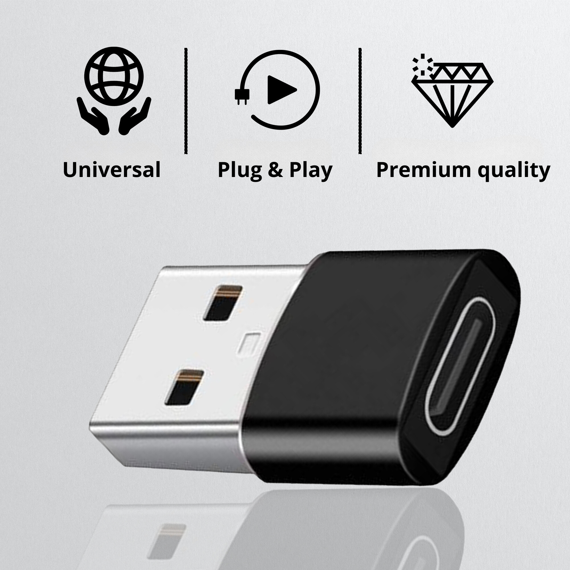 Un adaptateur USB-C noir et argenté avec des icônes pour universel, plug & play et qualité supérieure.