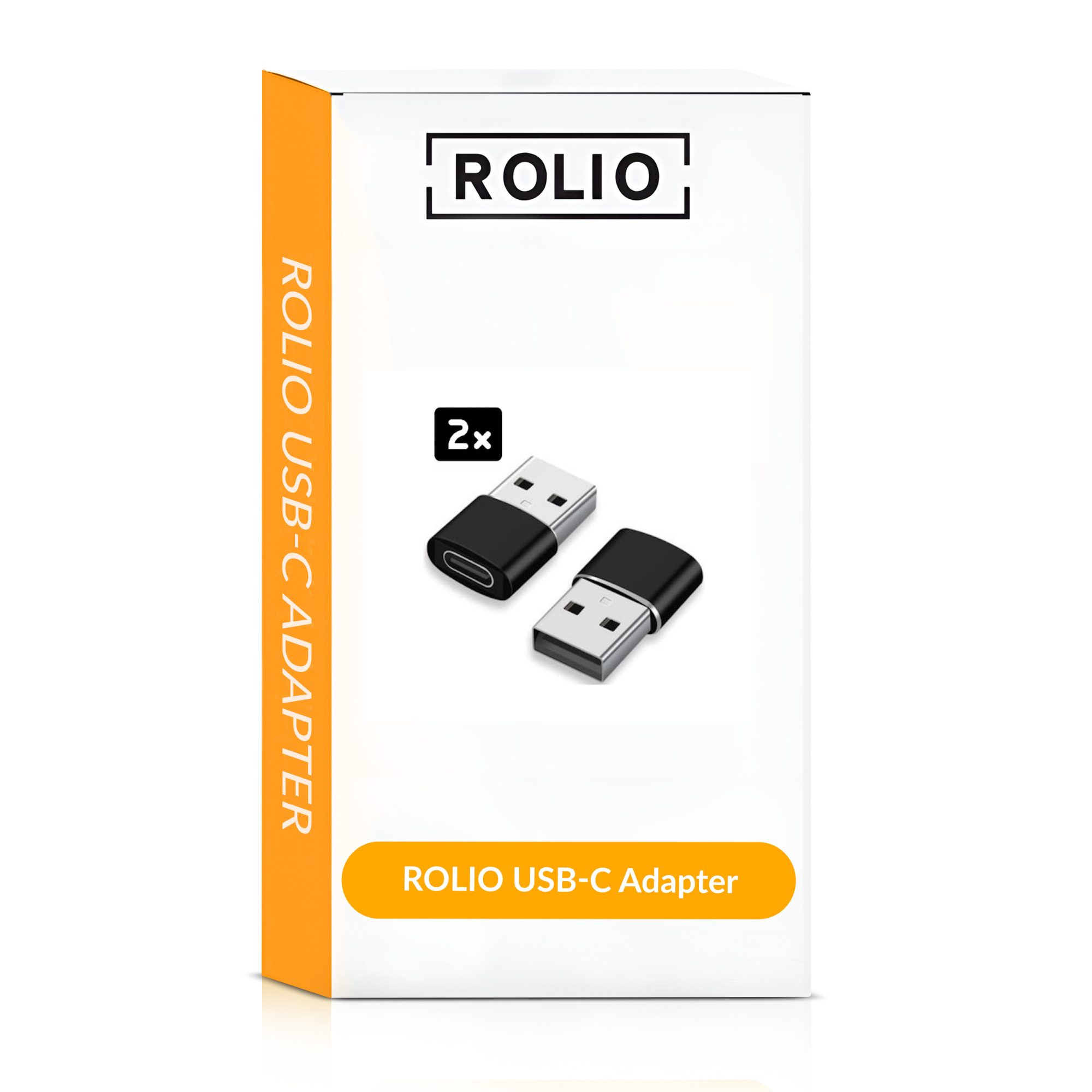 Une boîte blanche avec deux adaptateurs USB-C, marquée 'ROLIO' et une bande jaune.