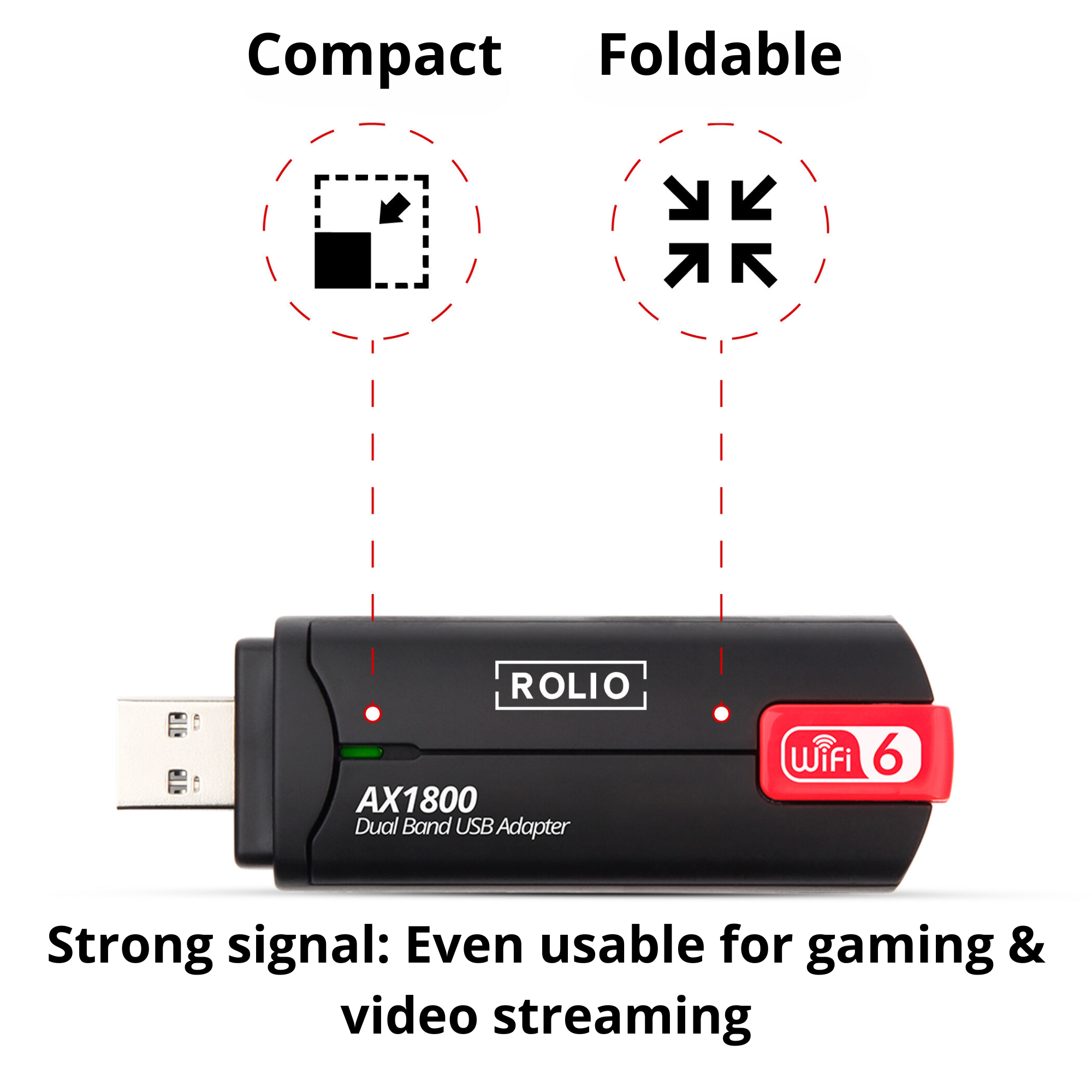 Ein schwarzer WLAN-Adapter mit kompakten und faltbaren Diagrammen.