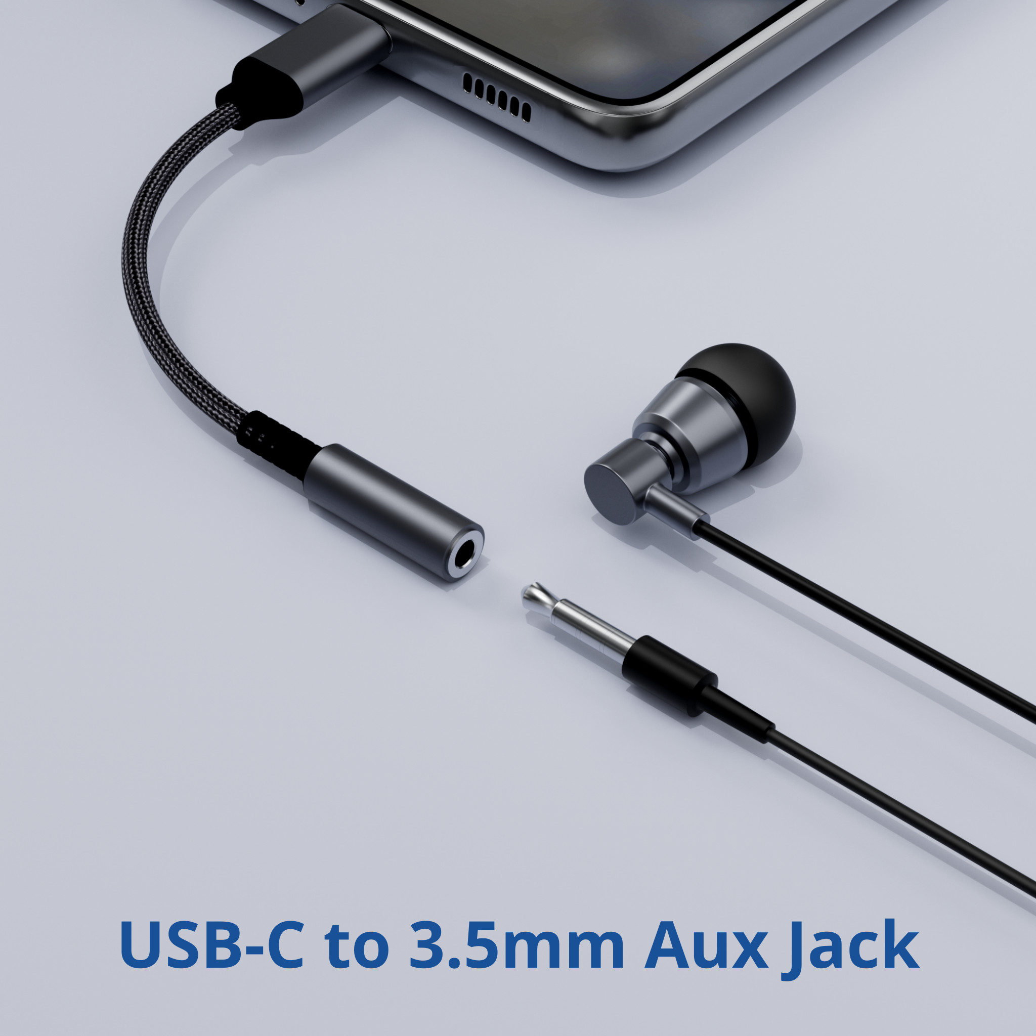 USB-C to 3.5mm aux jack adapter, with an earphone and a smartphone.