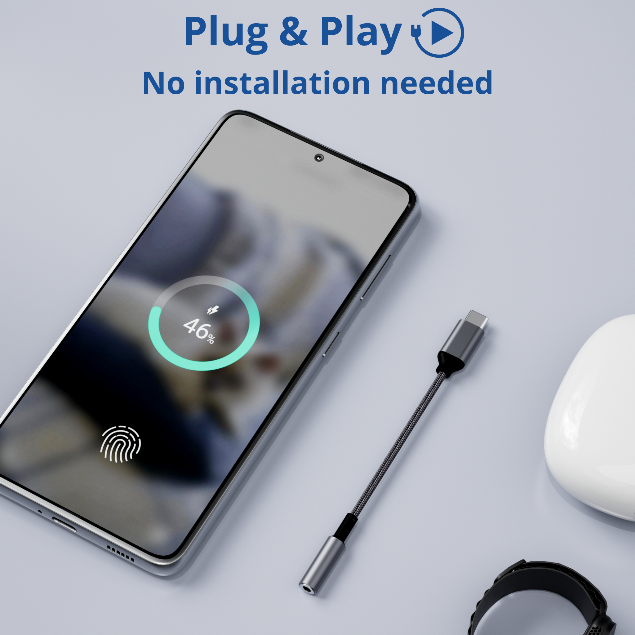 A silver cable connected to a smartphone charging. Text says, Plug & Play