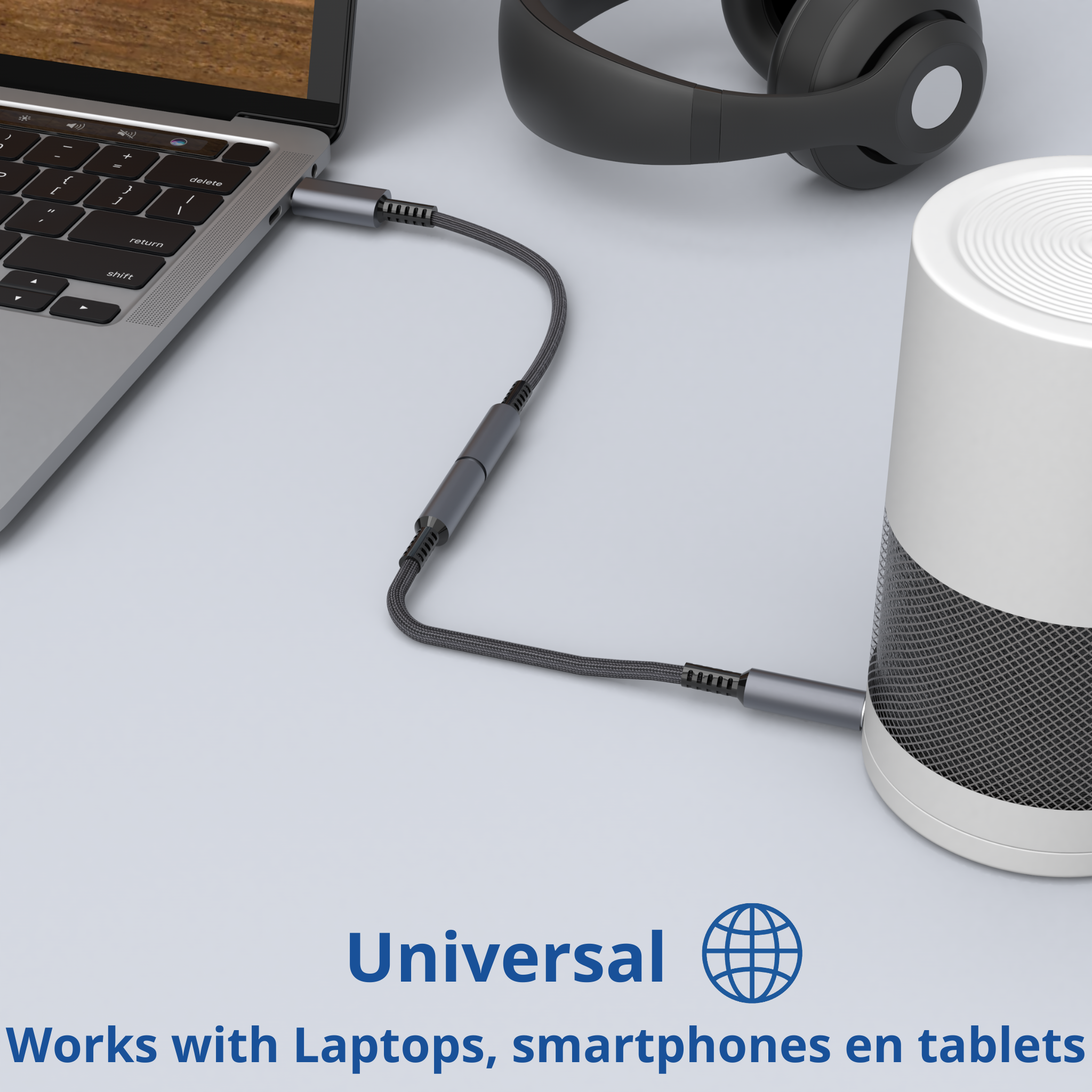 Laptop connected to a speaker via cable. Headphones lay above. Text: Universal, Works with Laptops, smartphones.