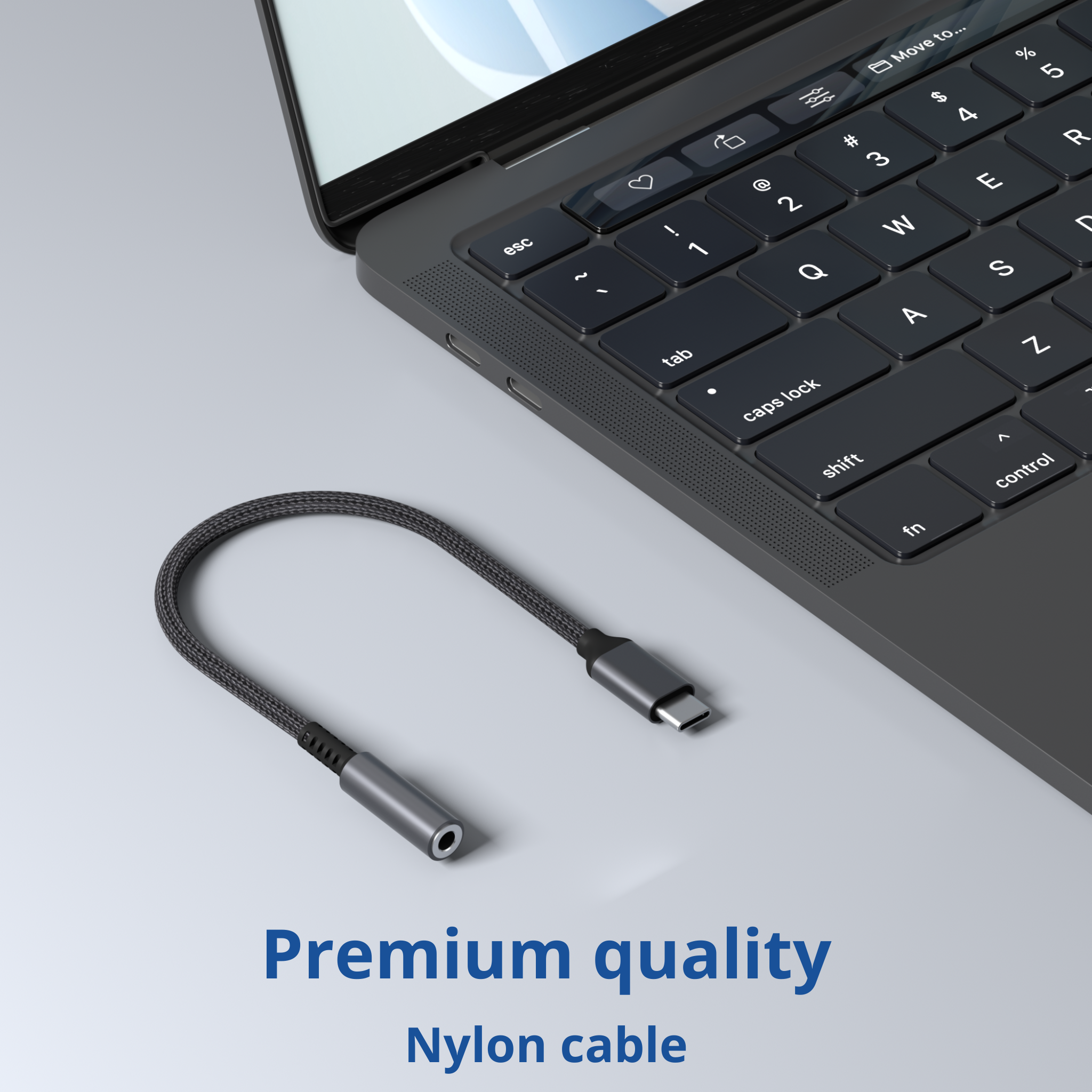 Laptop with connected black cable. Premium quality nylon cable is in the foreground.