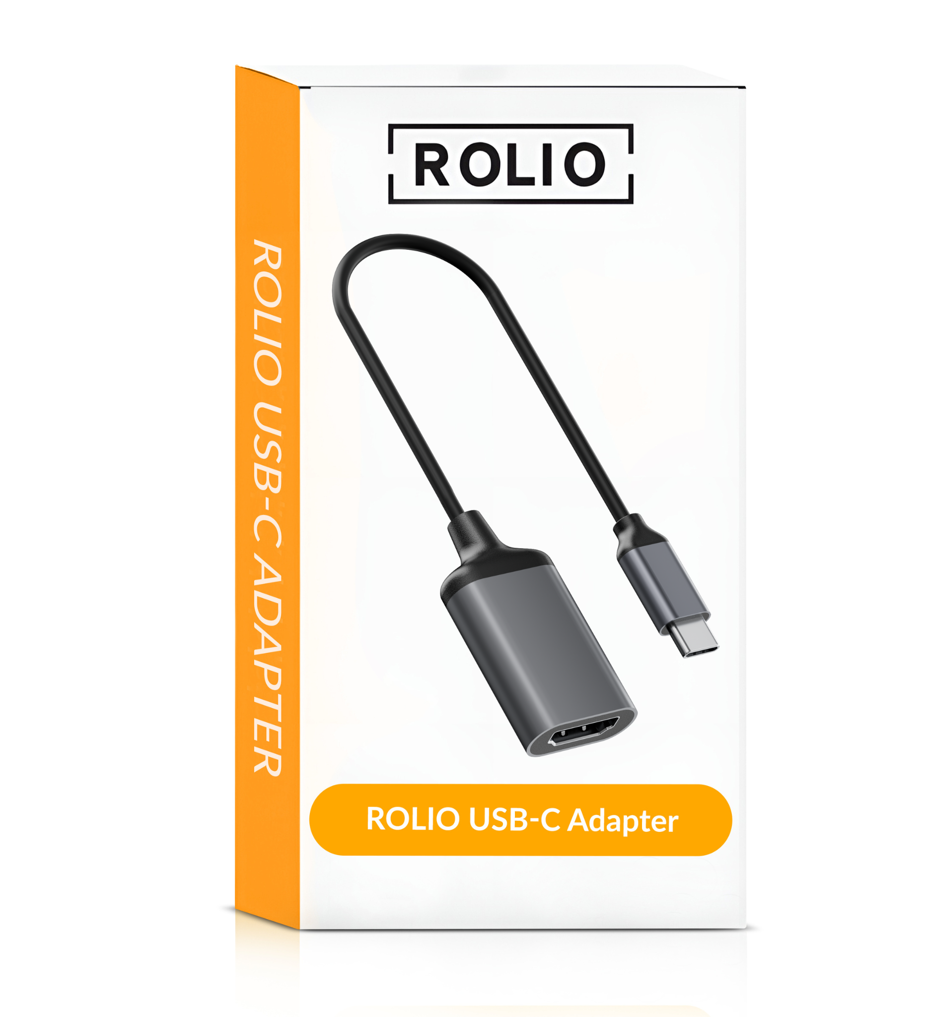 Une boîte blanche et orange avec un adaptateur USB-C et la marque "ROLIO".