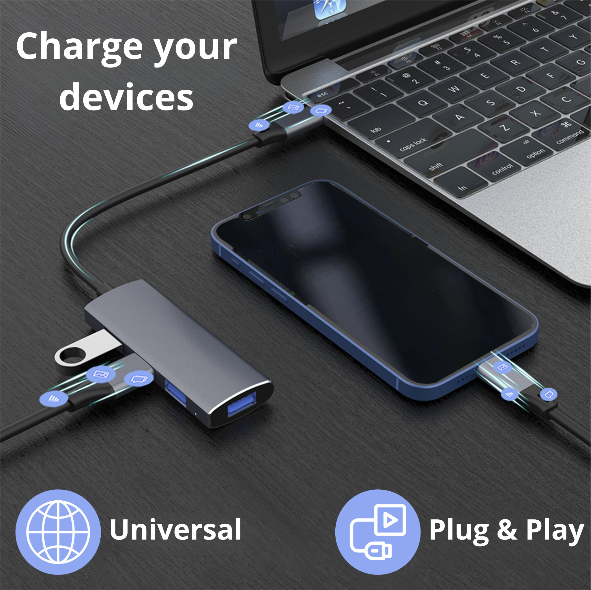 Devices charging: laptop, phone, and a charging hub.  USB cables, globe and plug icons.