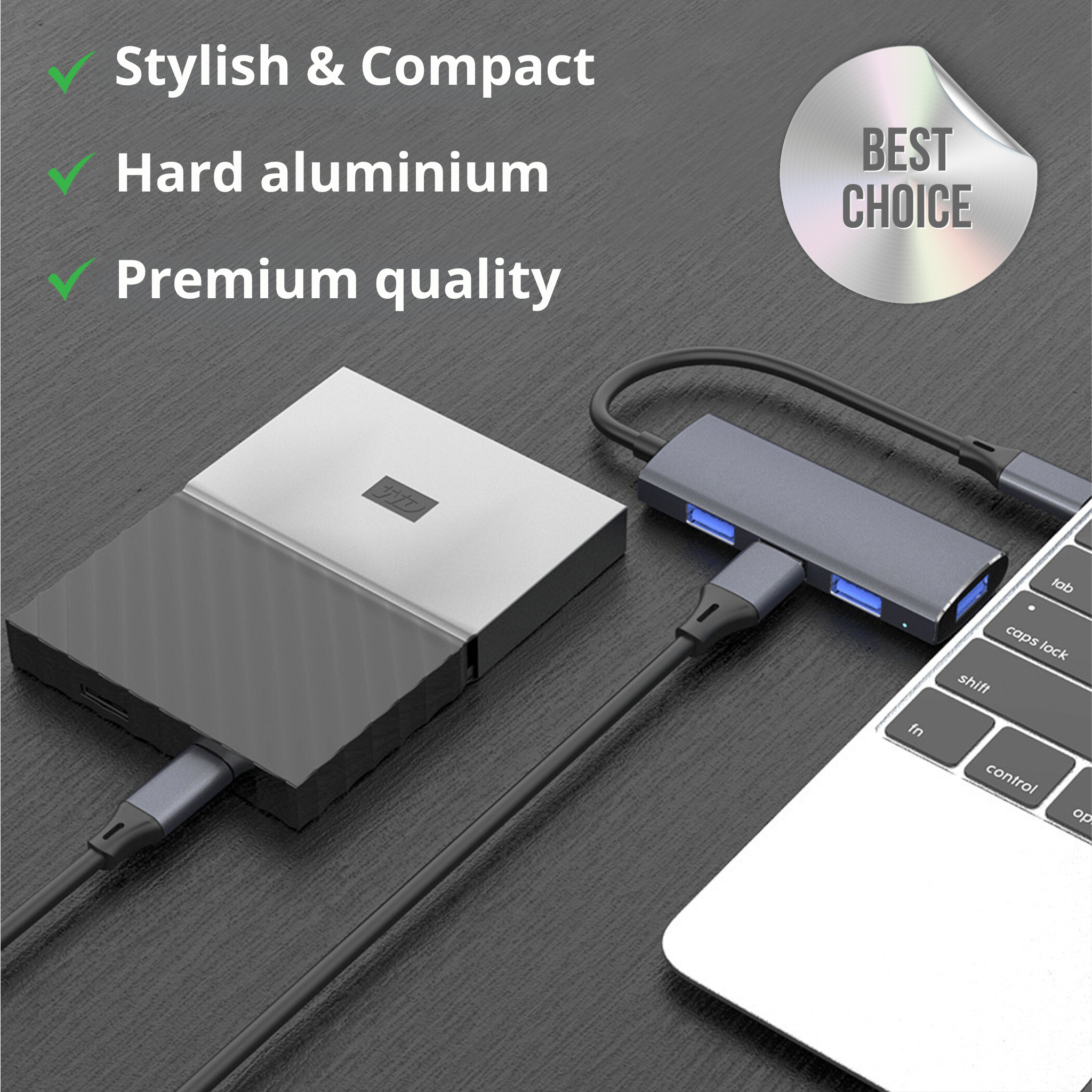 USB hub with multiple ports and a laptop. Text: Stylish & Compact, Hard aluminium, Premium quality.