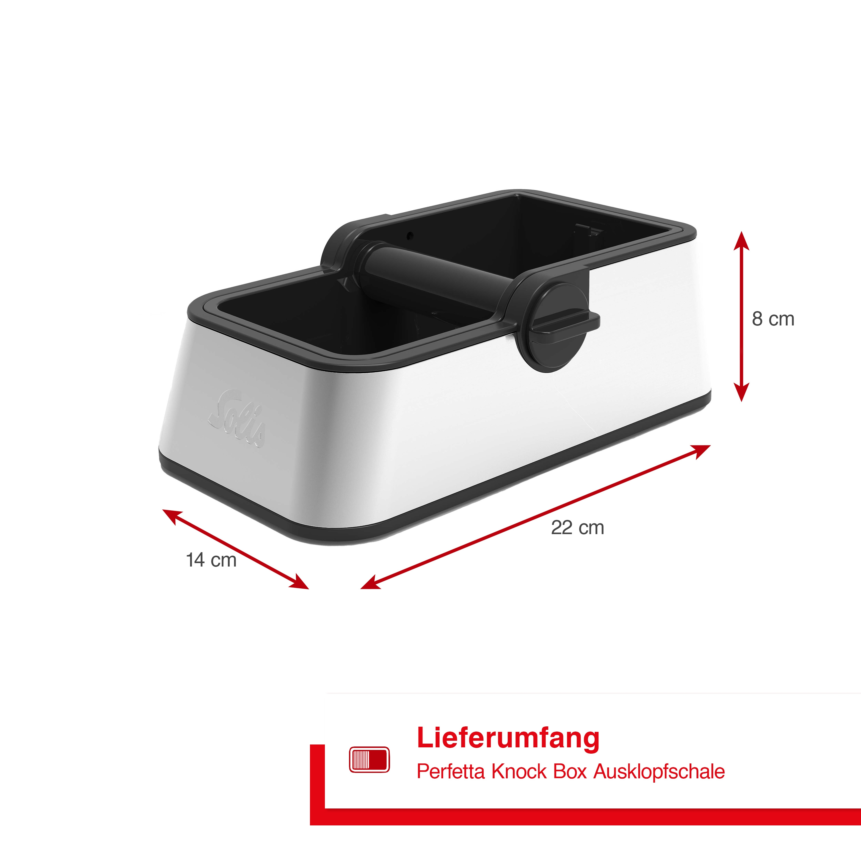 Weiße und silberne Knock-Box mit beschrifteten Abmessungen. Die Box hat einen schwarzen Griff.