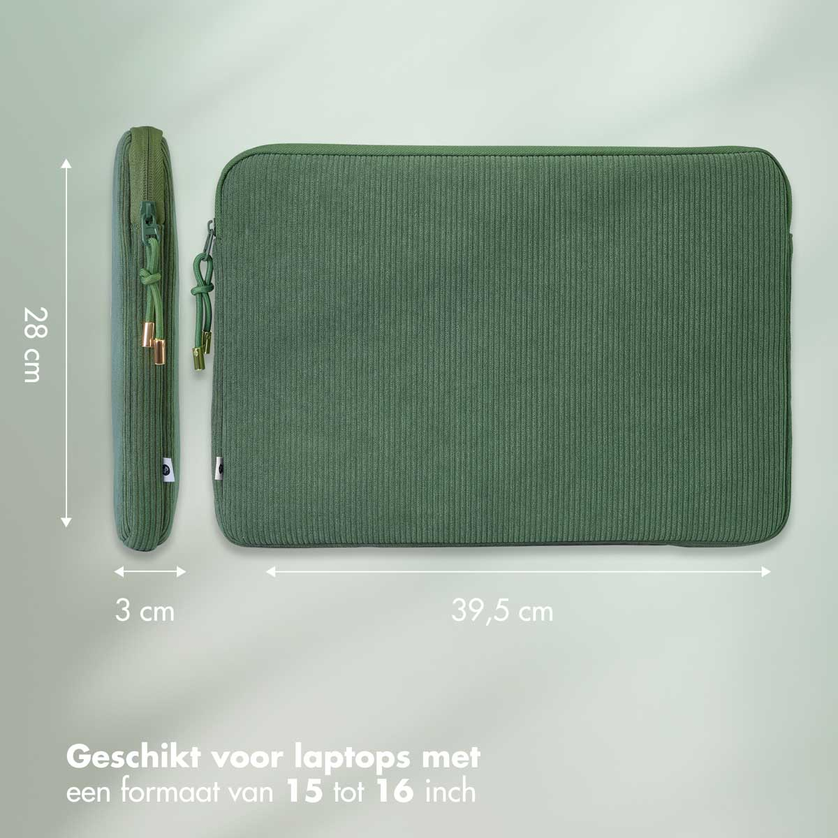 Green corduroy laptop sleeve with dimensions and text, suitable for 15-16 inch laptops.
