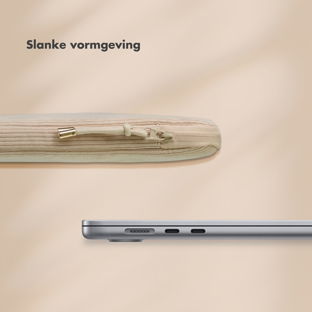 Close-up of a beige laptop sleeve with a zipper. A silver laptop is below it.