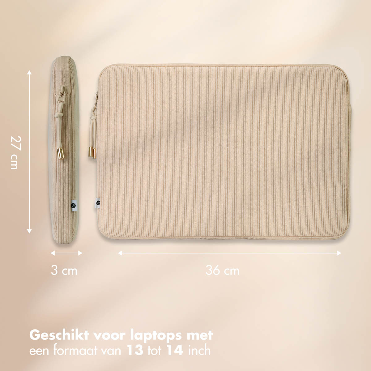 Beige laptop sleeve with measurements. Zipper and dimensions are shown.