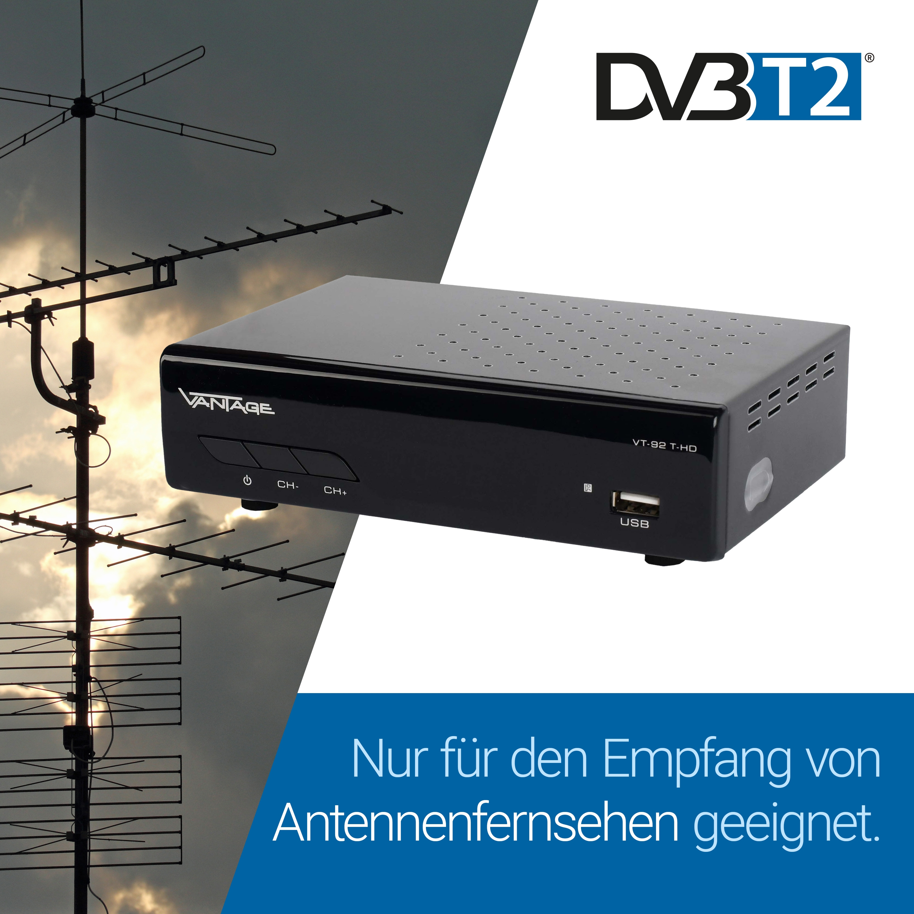 Schwarzer DVB-T2-Receiver mit Antenne. Text: Nur für den Empfang von Antennenfernsehen geeignet.