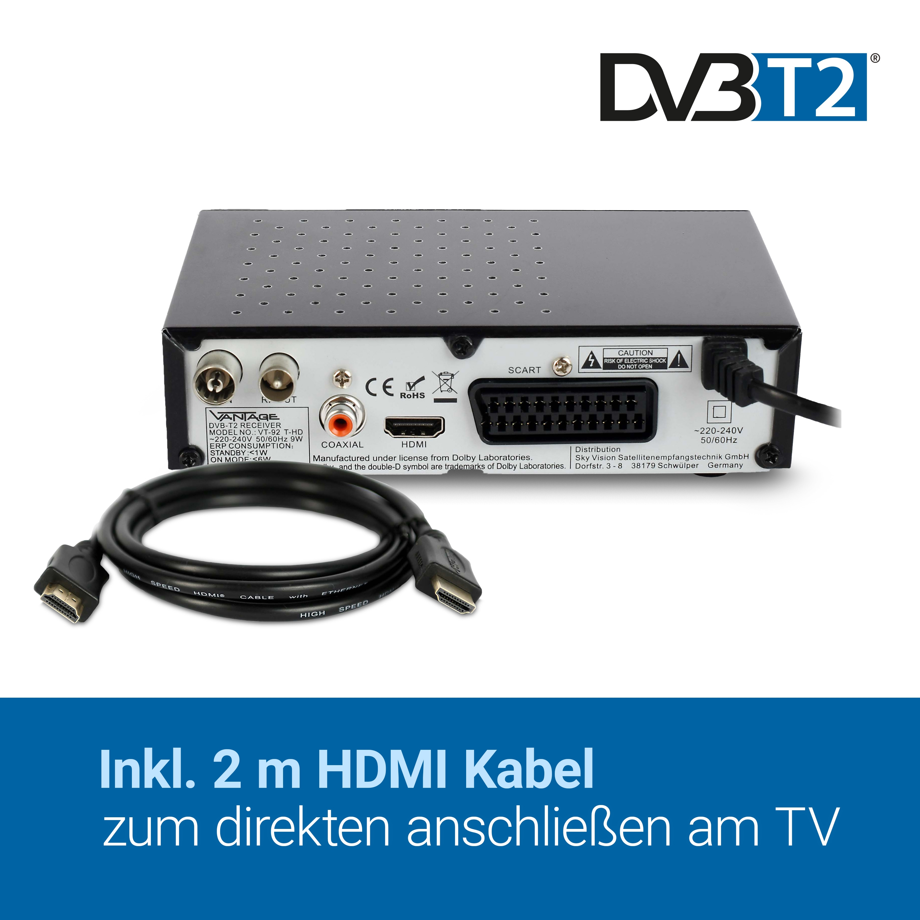 Schwarzer Receiver mit Kabeln und HDMI-Anschluss.