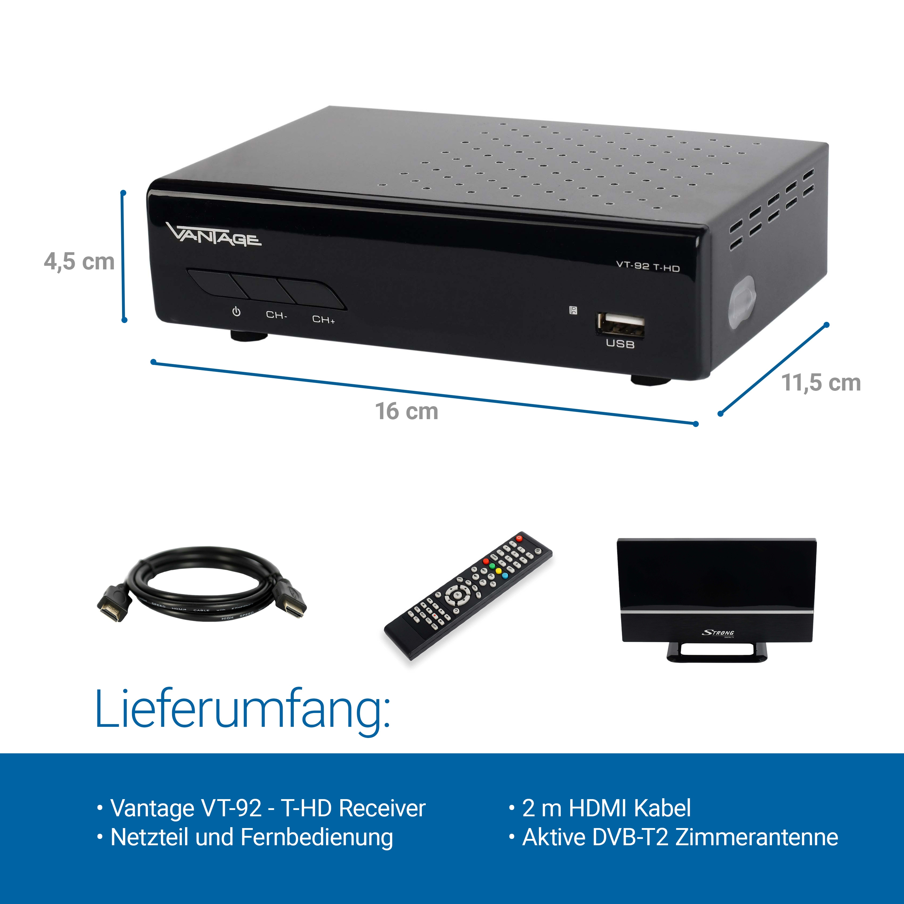 Ein schwarzer Receiver wird mit Fernbedienung, Kabel und Antenne gezeigt. Abmessungen sind angegeben.