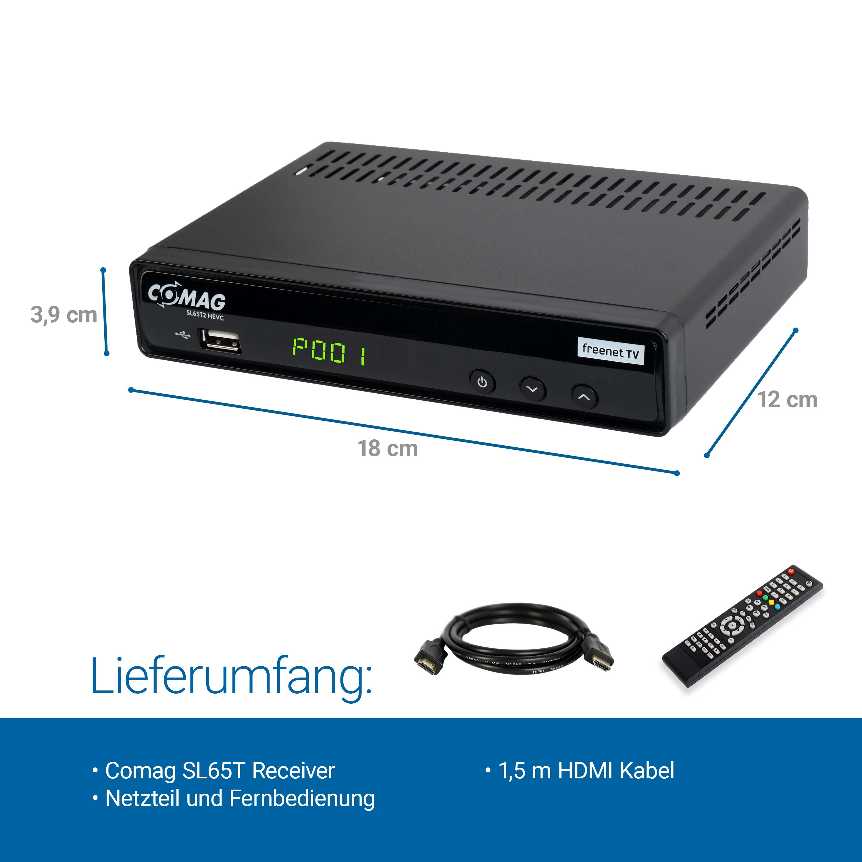 Schwarzer Receiver mit Abmessungen, HDMI-Kabel und Fernbedienung. Weißer Hintergrund.