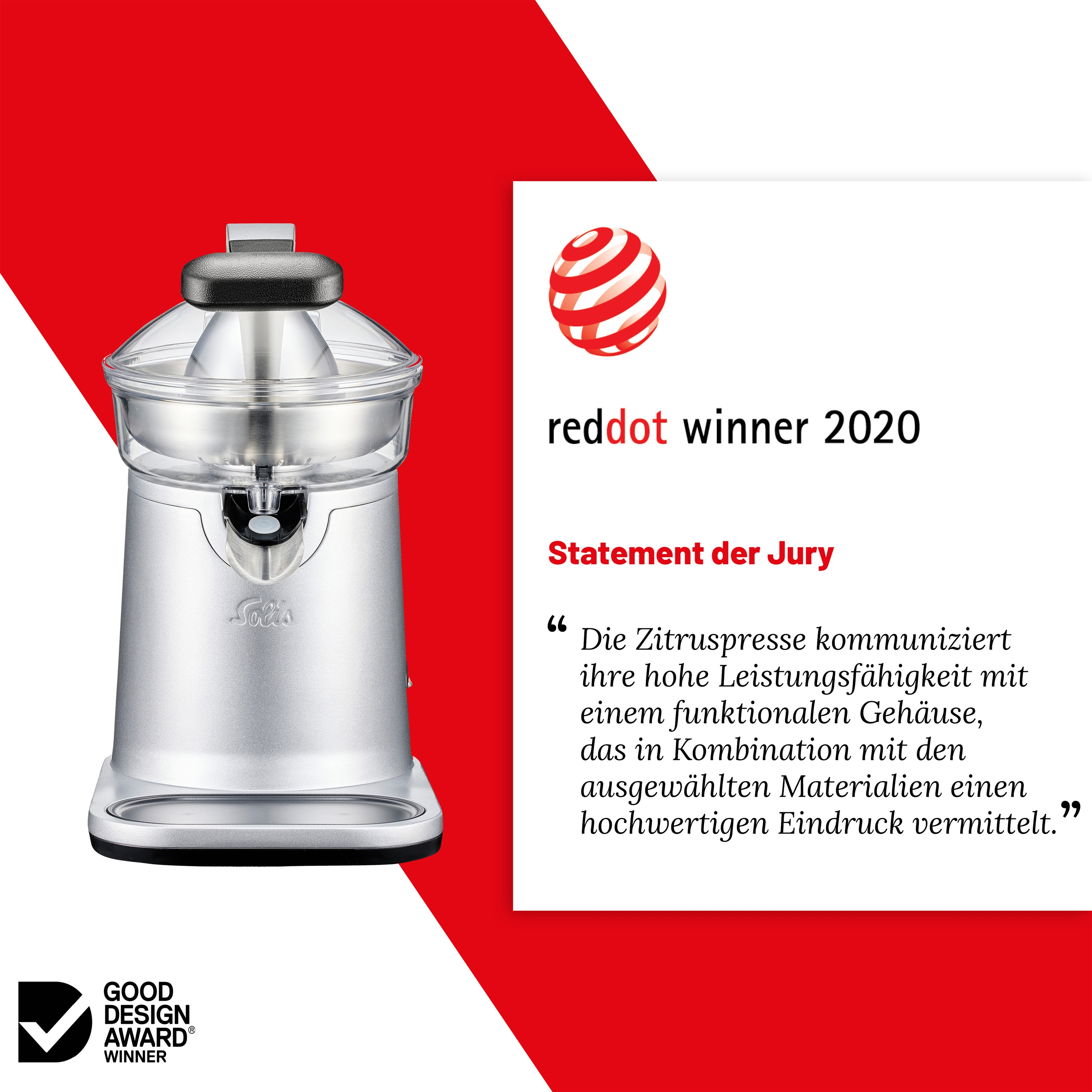 Silberne Saftpresse mit Text und dem Award „red dot winner 2020“.