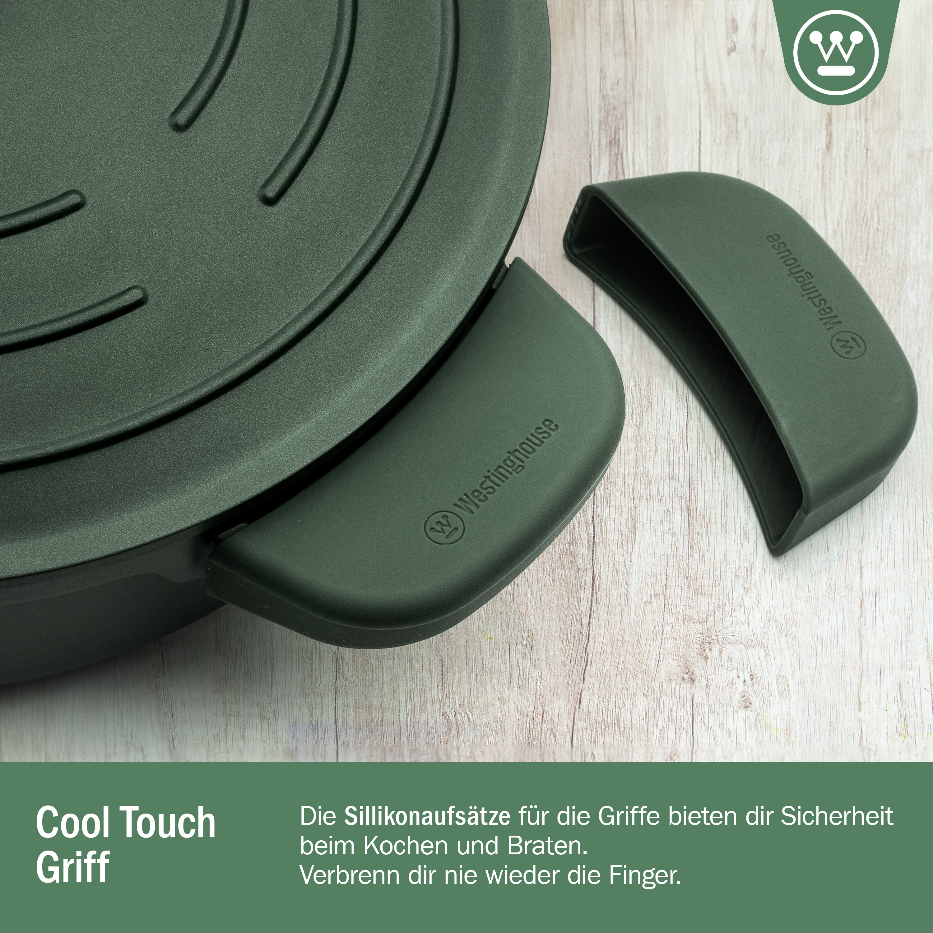 Grünes Kochgeschirr mit Griffen. Text: Cool Touch Griff. Silikongriffe für sicheres Kochen und Braten.