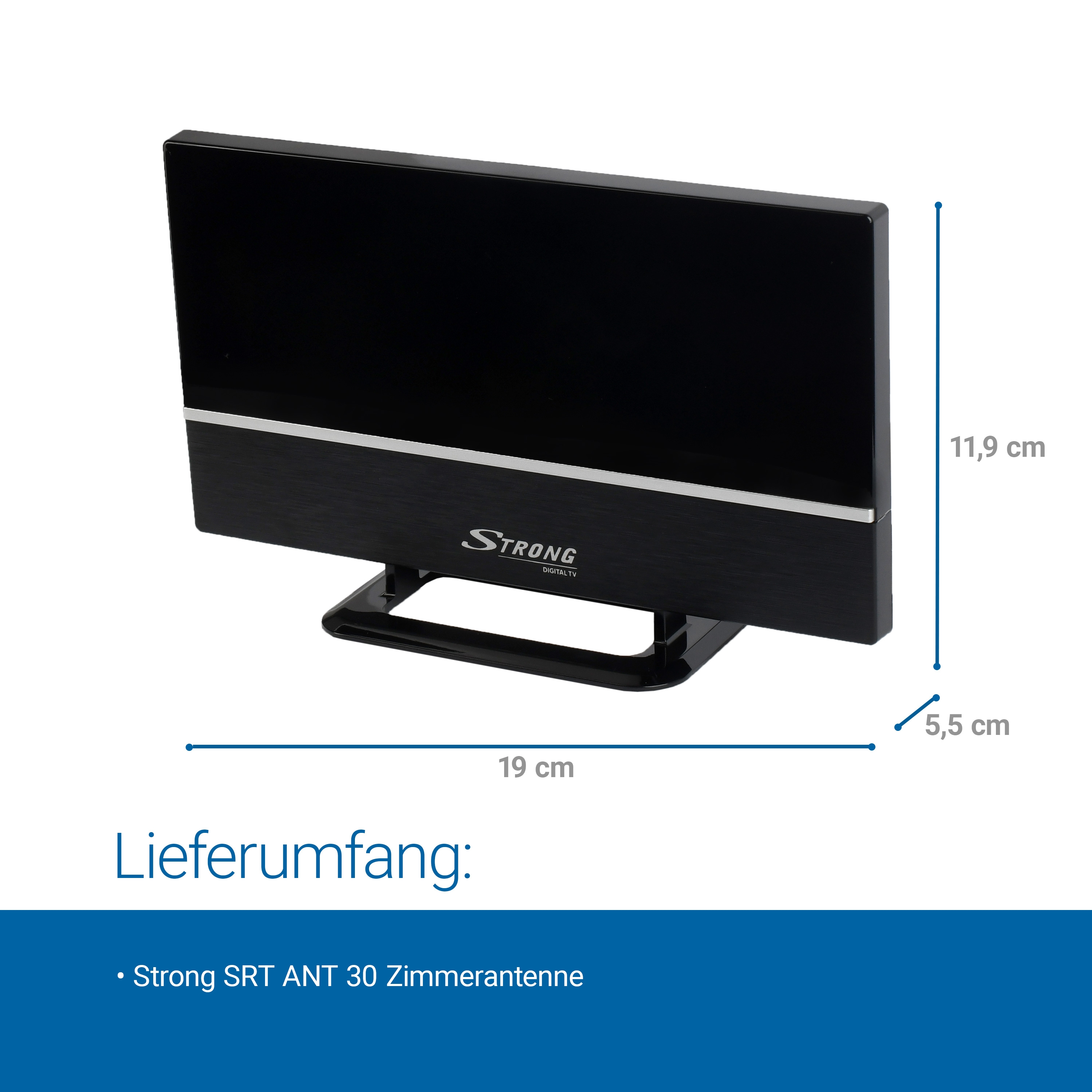 Eine schwarze digitale TV-Antenne mit angezeigten Abmessungen.