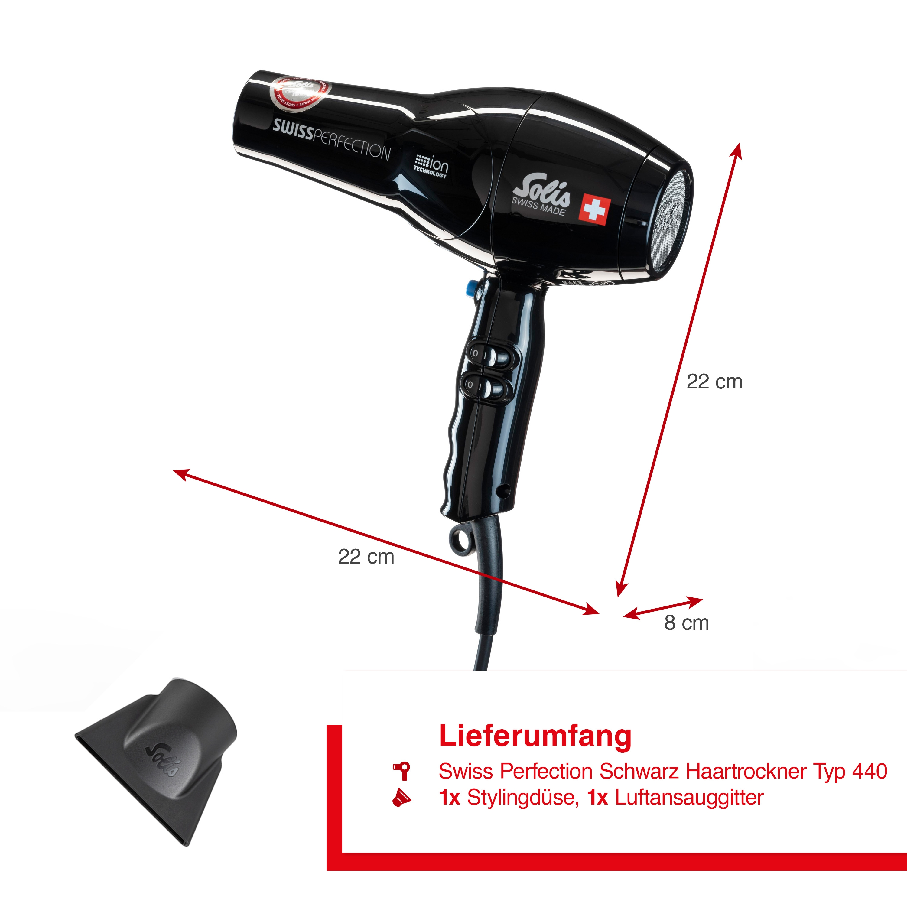 Czarna suszarka do włosów z dyszą, wymiary i szczegóły produktu.