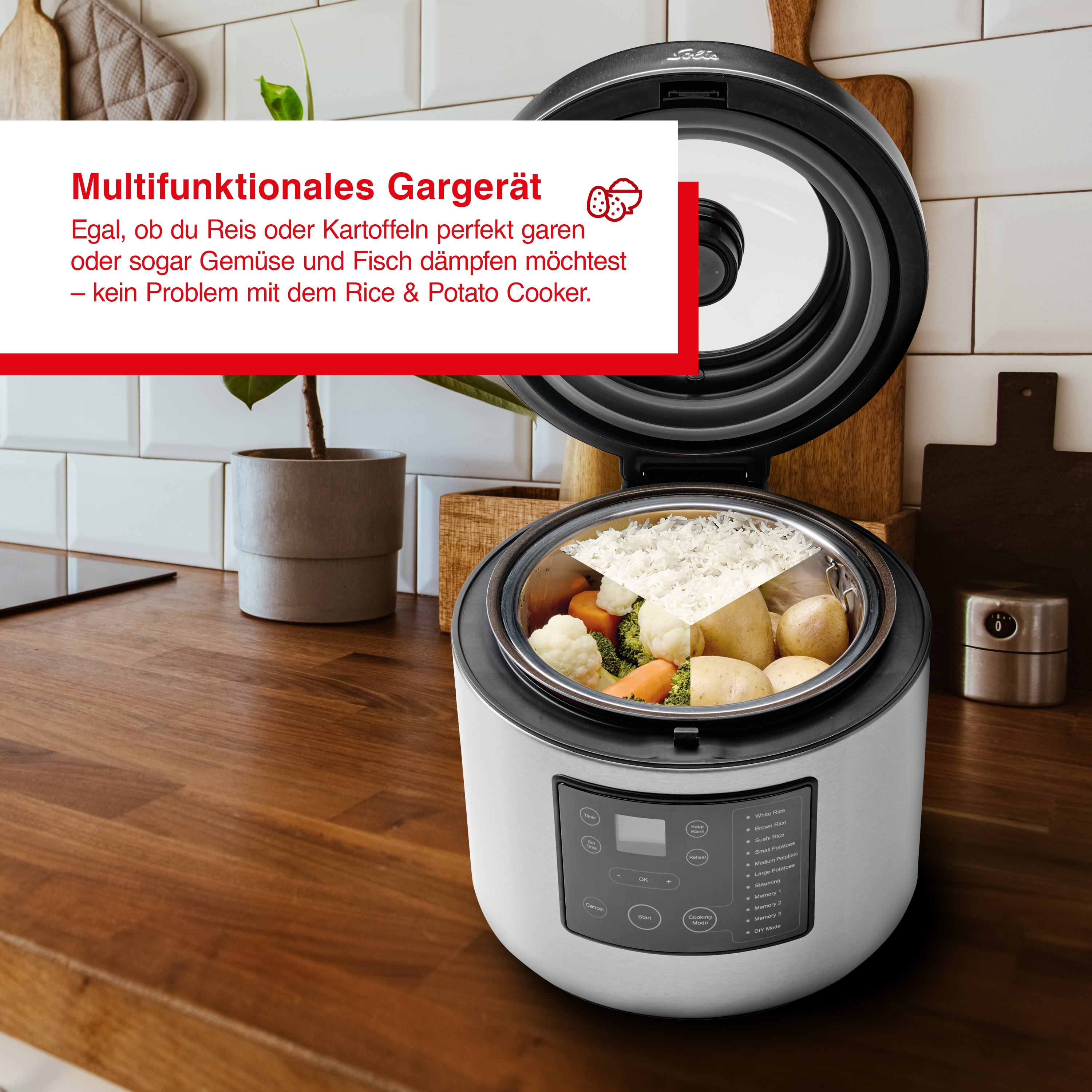 Reiskocher mit Reis und Gemüse. Text sagt multifunktionales Kochen und Dämpfen.