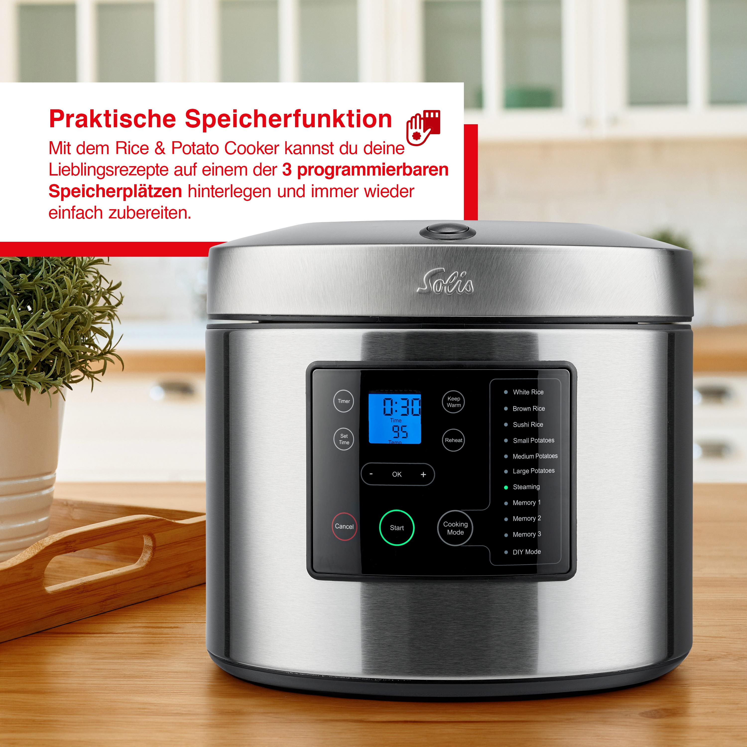 Ein silberner Reiskocher mit digitaler Anzeige und Knöpfen.