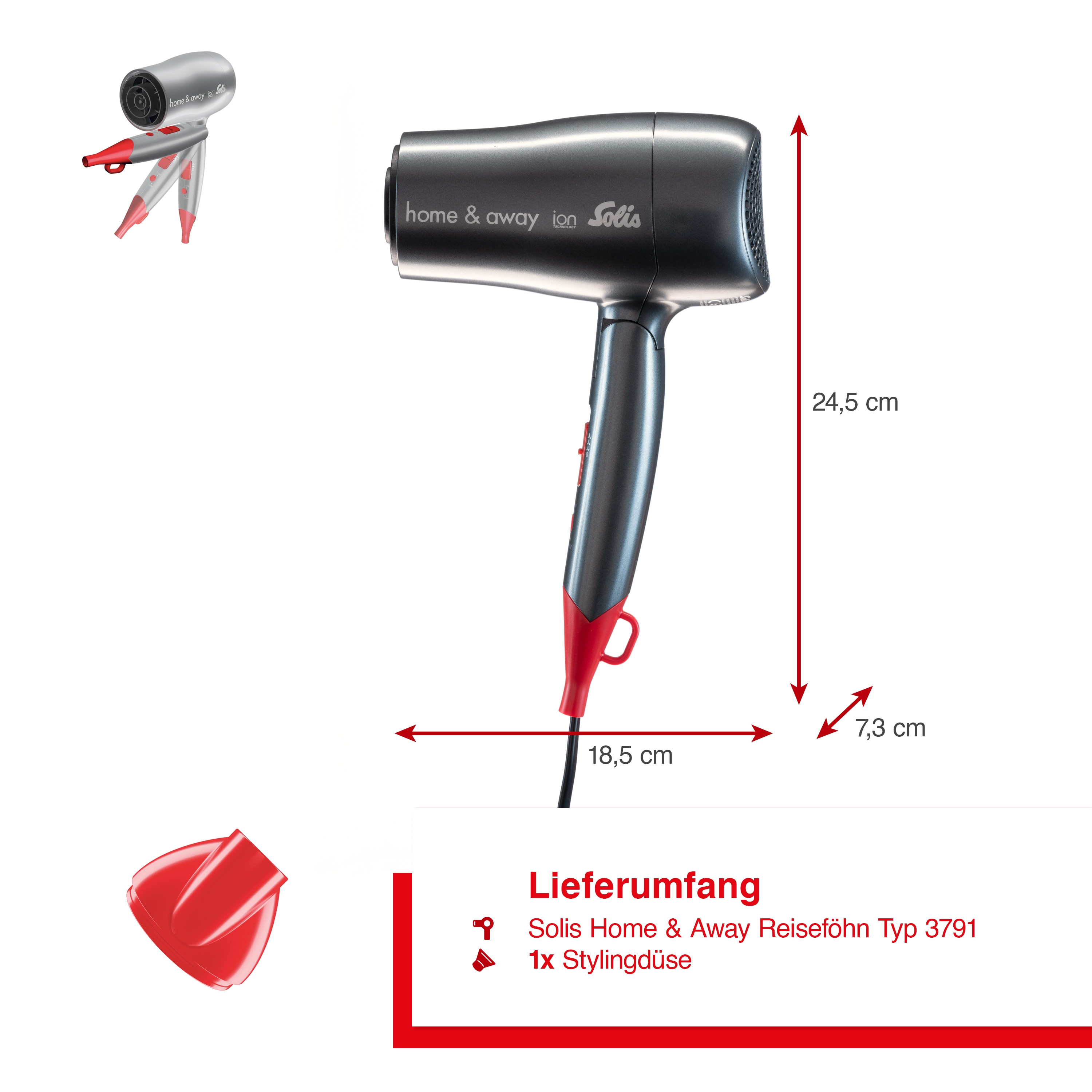 Szara suszarka do włosów z czerwonymi akcentami, wymiarami i oddzielną czerwoną dyszą, na białym tle.