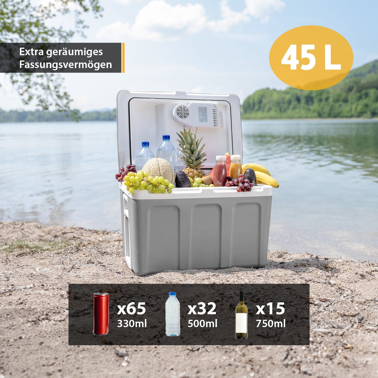 Eine Kühlbox mit Essen und Getränken, mit See im Hintergrund, zeigt 45L Fassungsvermögen.