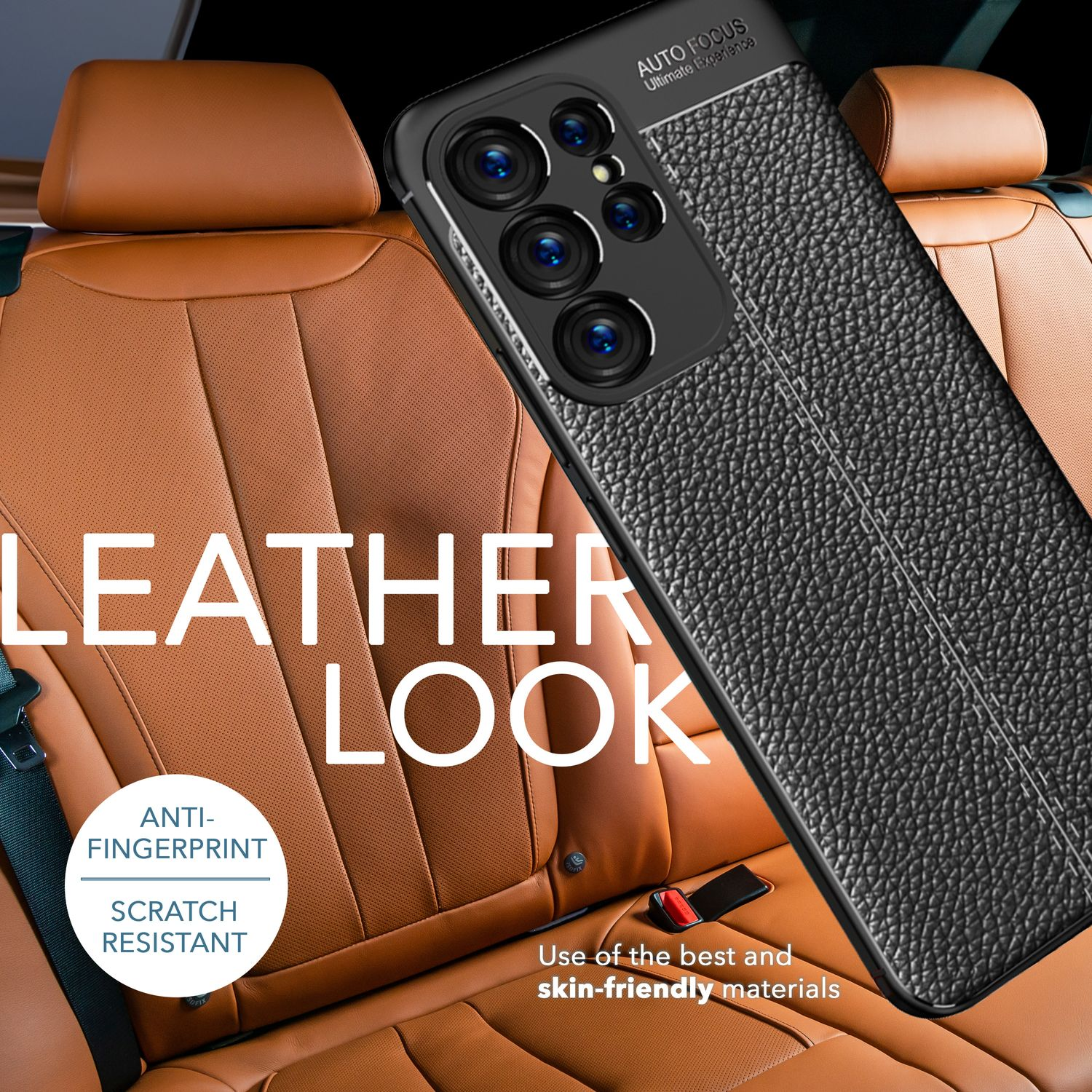 Schwarze Handyhülle auf braunem Autositz. Text: Leder-Look, Anti-Fingerabdruck, Kratzfest. Text: Hautfreundliche Materialien.