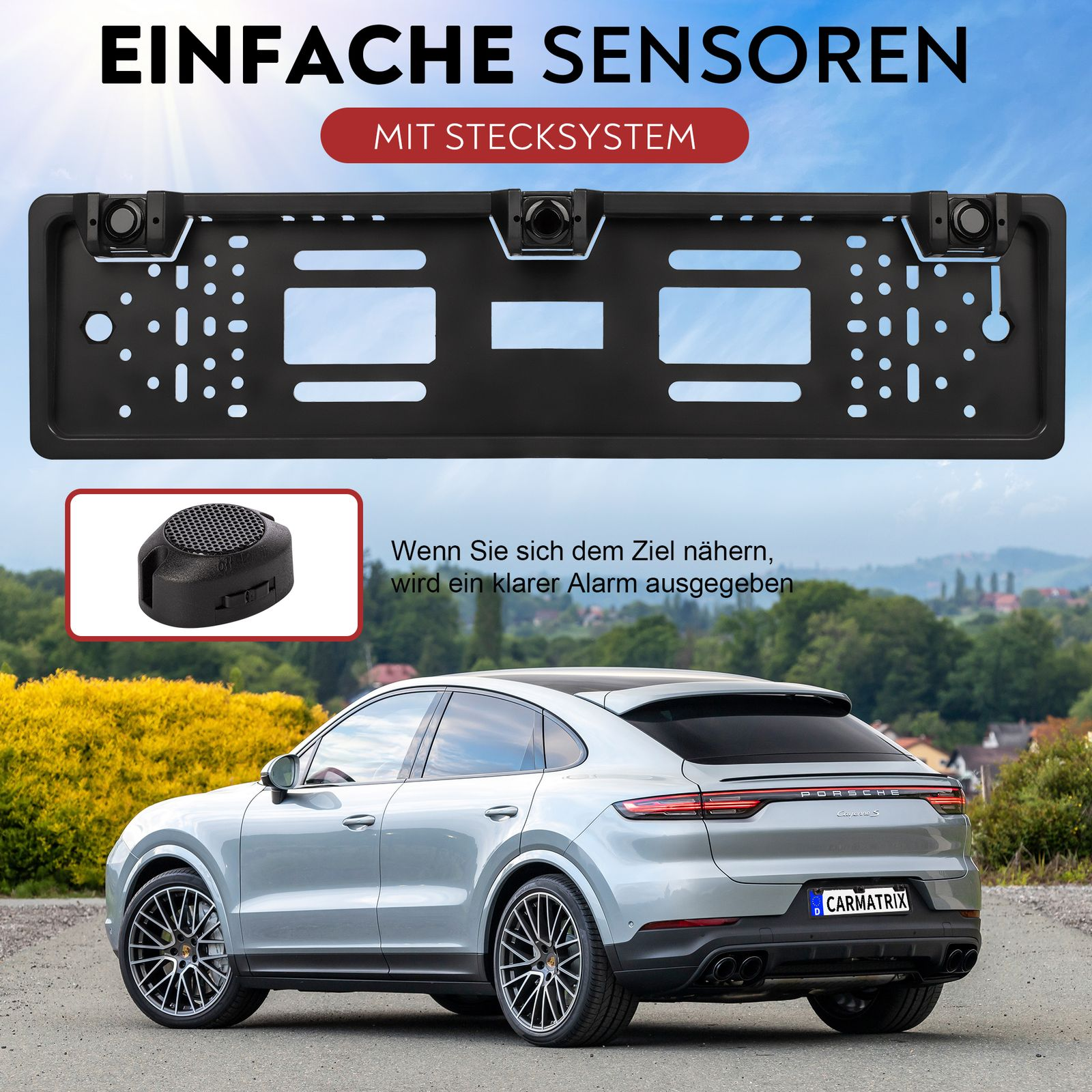 Ein Parksensorensatz mit Auto, Kennzeichenrahmen, Kameras und einem kleinen Lautsprecher.