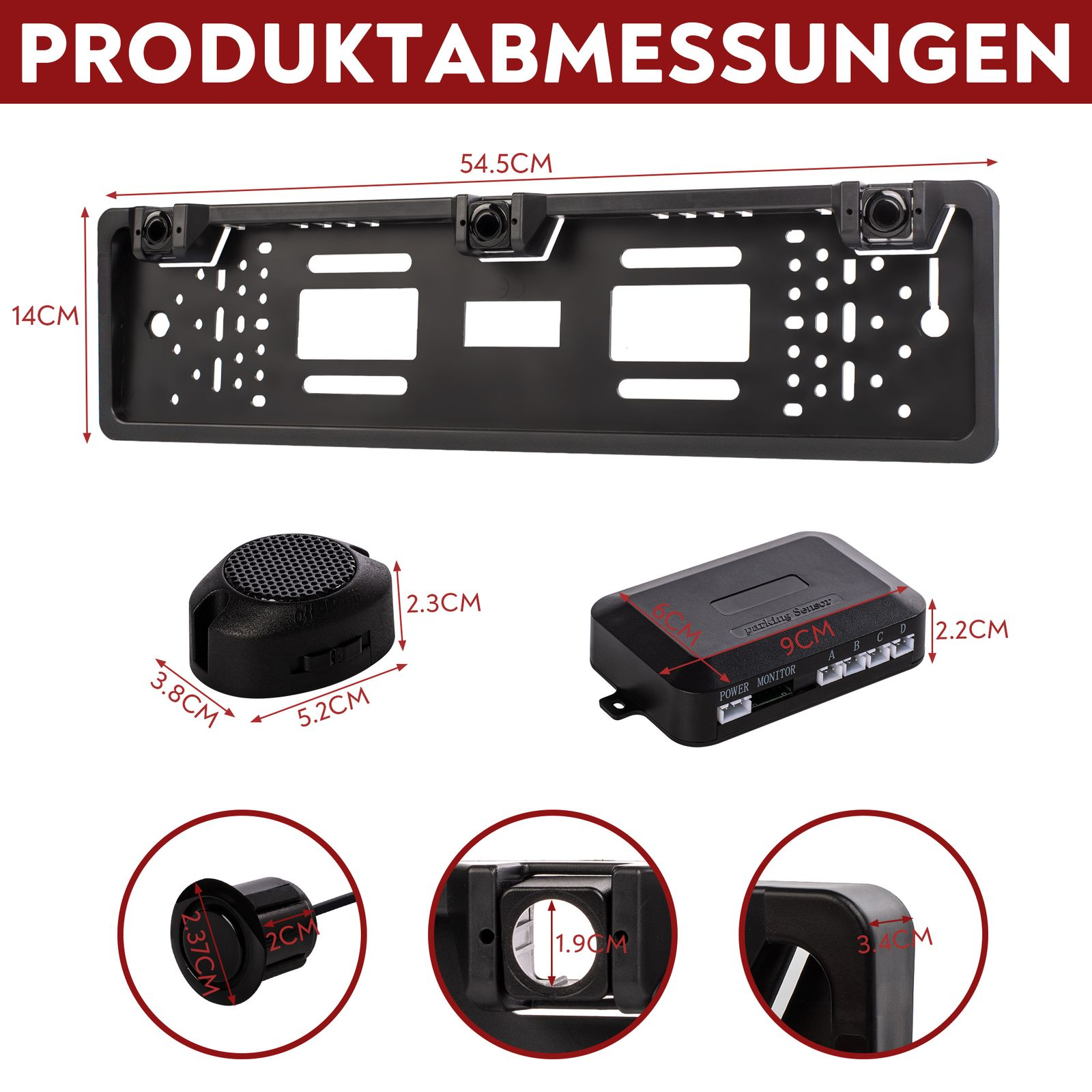 Produktmessungen von Parksensorkomponenten mit Abmessungen.