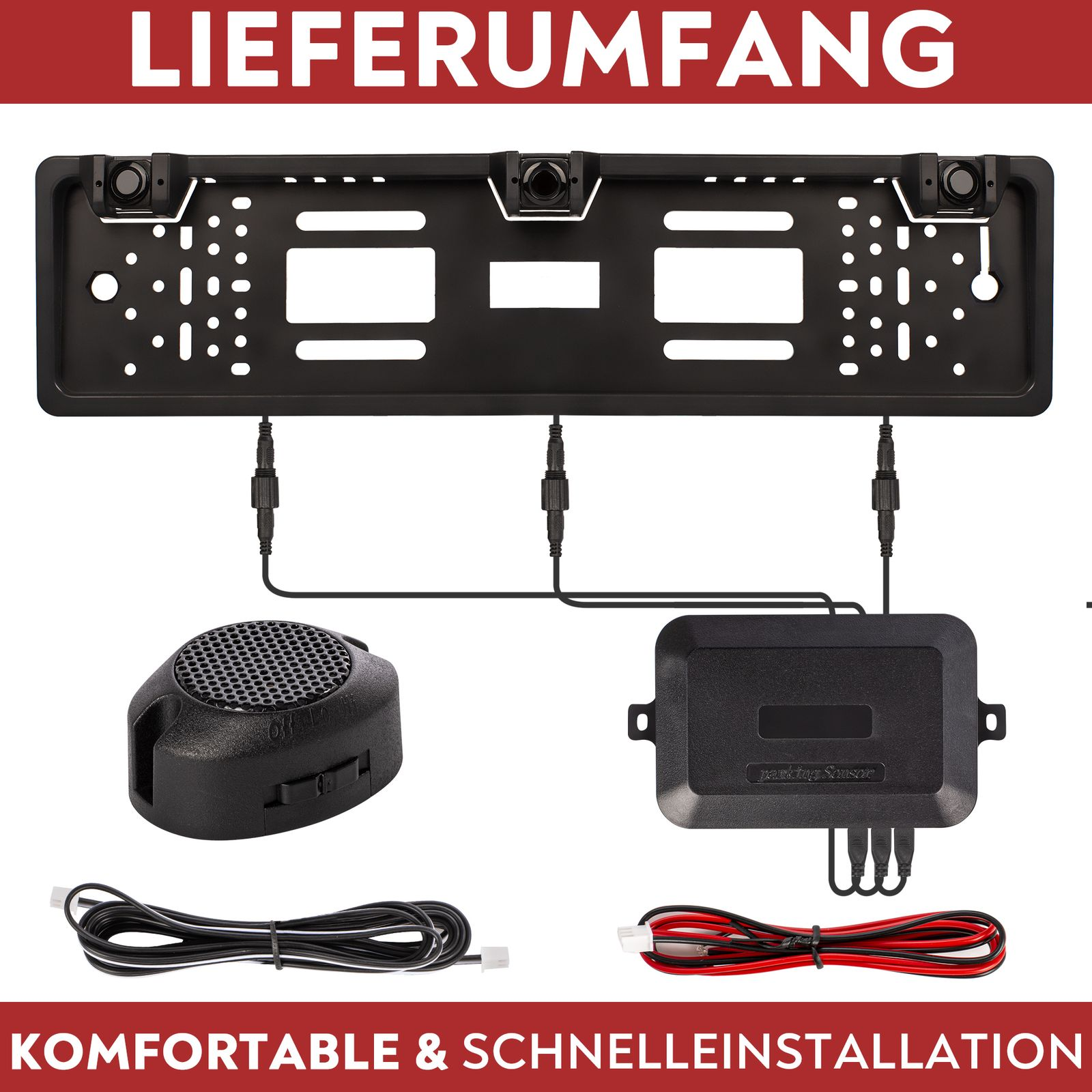 Ein schwarzer Kfz-Kennzeichenhalter mit Kamera und weiteren Komponenten.