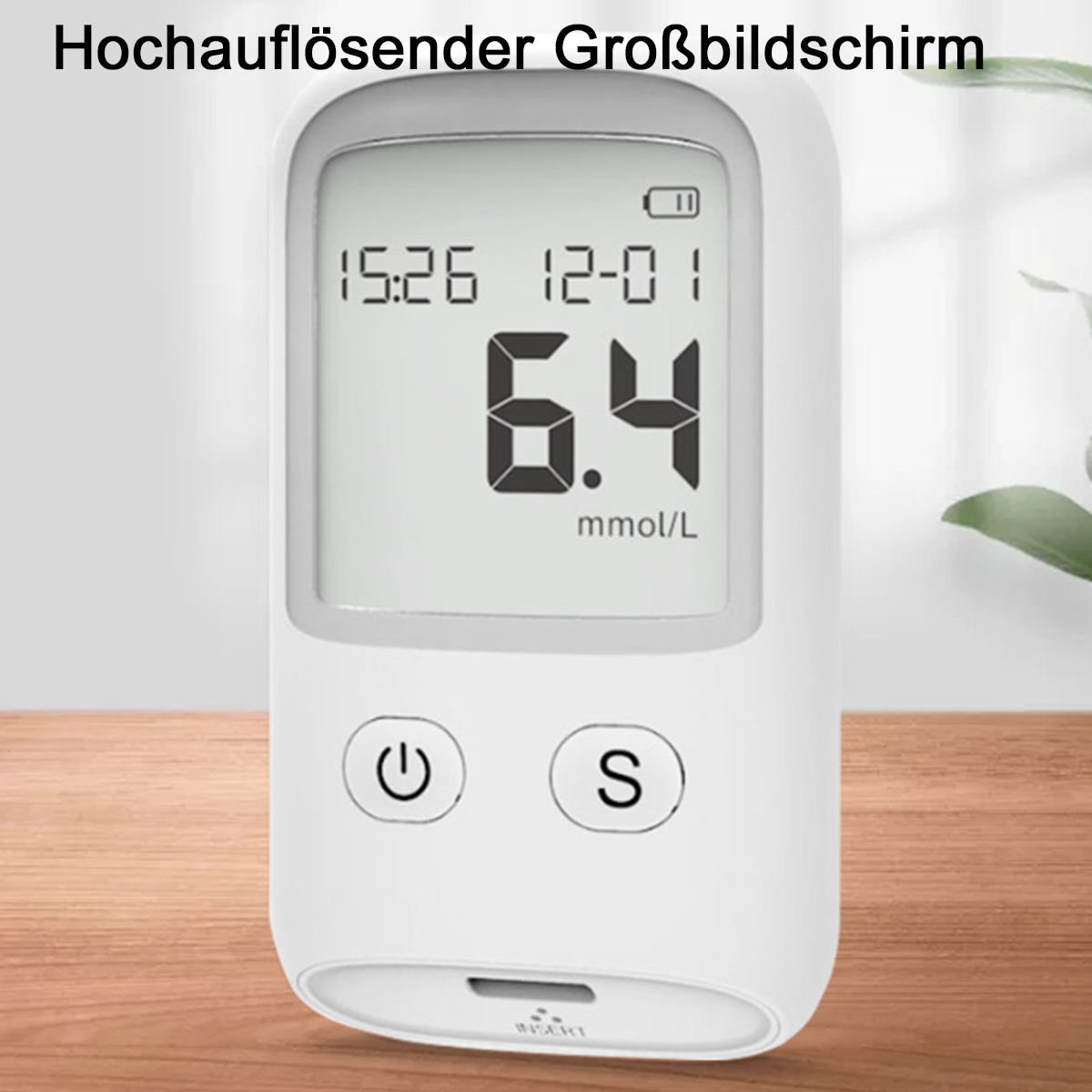 Digitales Blutzuckermessgerät zeigt 6,4 mmol/L an. Weißes Gerät auf einem Tisch.
