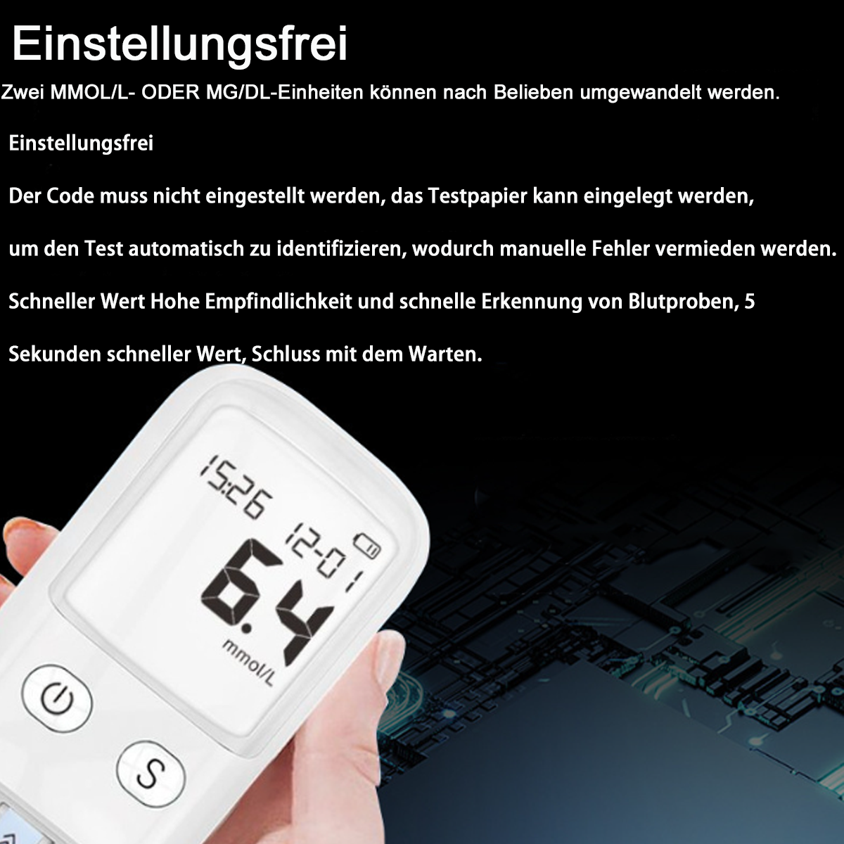 Eine Person hält ein Blutzuckermessgerät, das einen Blutzuckerwert anzeigt.