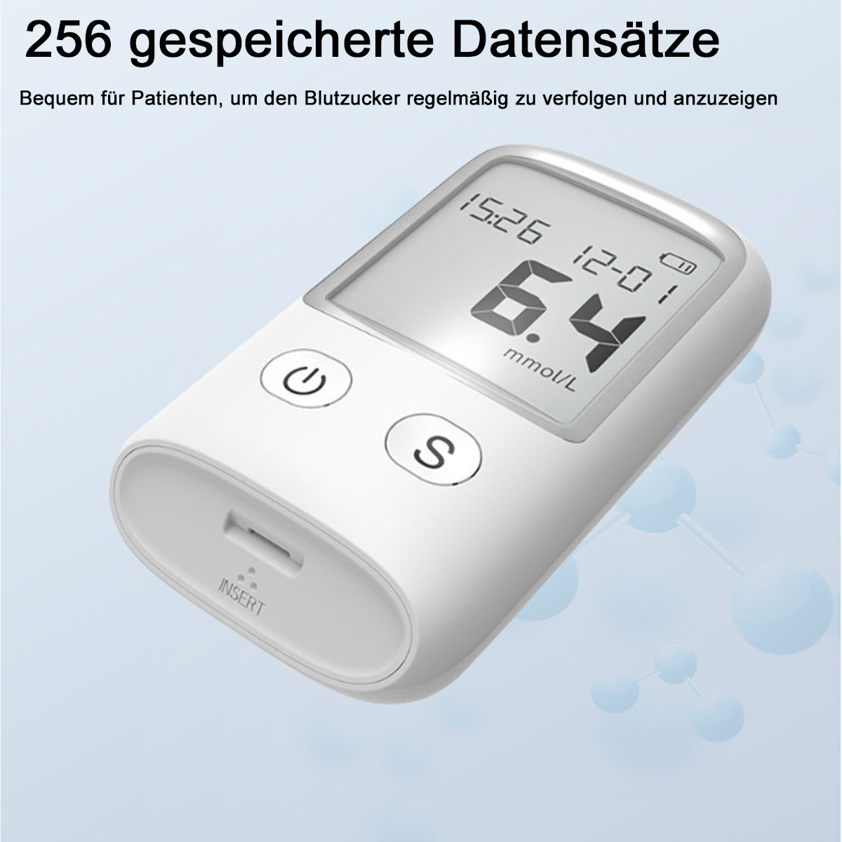 Weißes Blutzuckermessgerät mit 6,4 mmol/L. Text: 256 gespeicherte Datensätze. Einfach für Patienten zu verfolgen.
