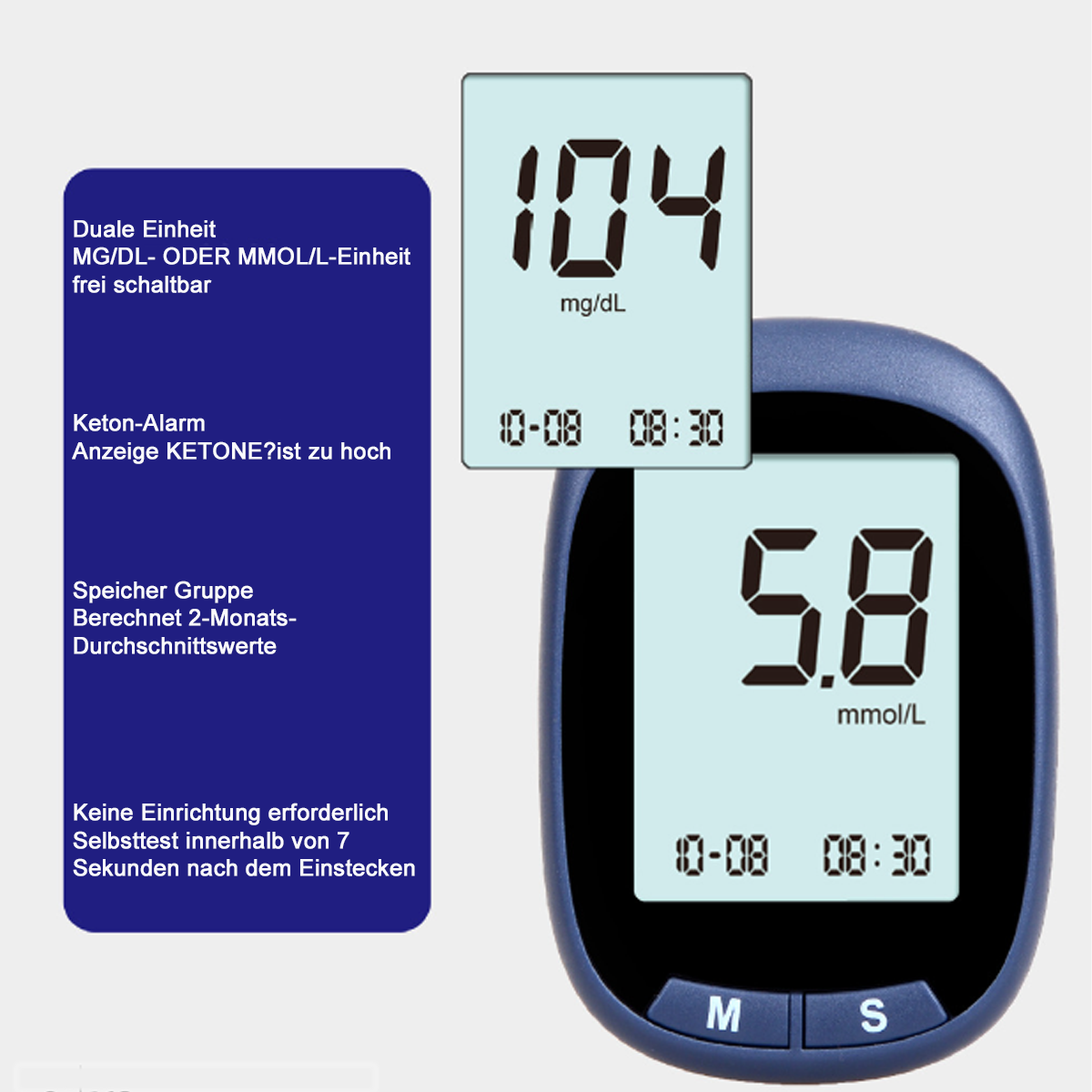 Zwei Geräte mit Zahlen auf einem Bildschirm. Eines zeigt 104 mg/dL. Das andere zeigt 5,8 mmol/L, Datum, Uhrzeit.