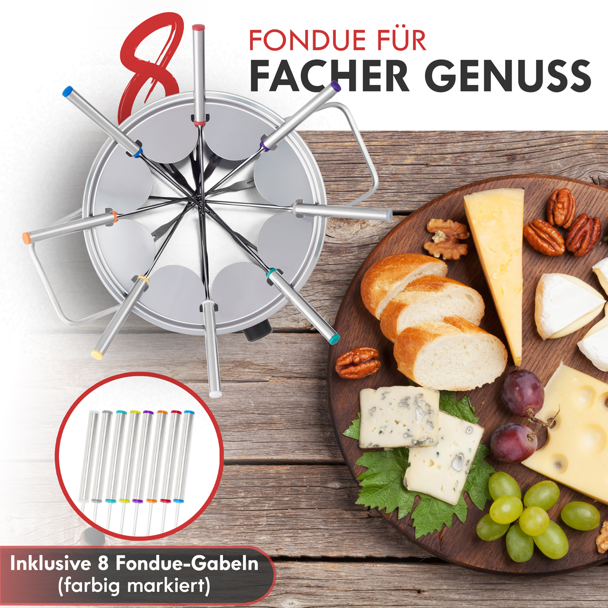 Zestaw do fondue z serem, chlebem, orzechami i winogronami na drewnianej desce.