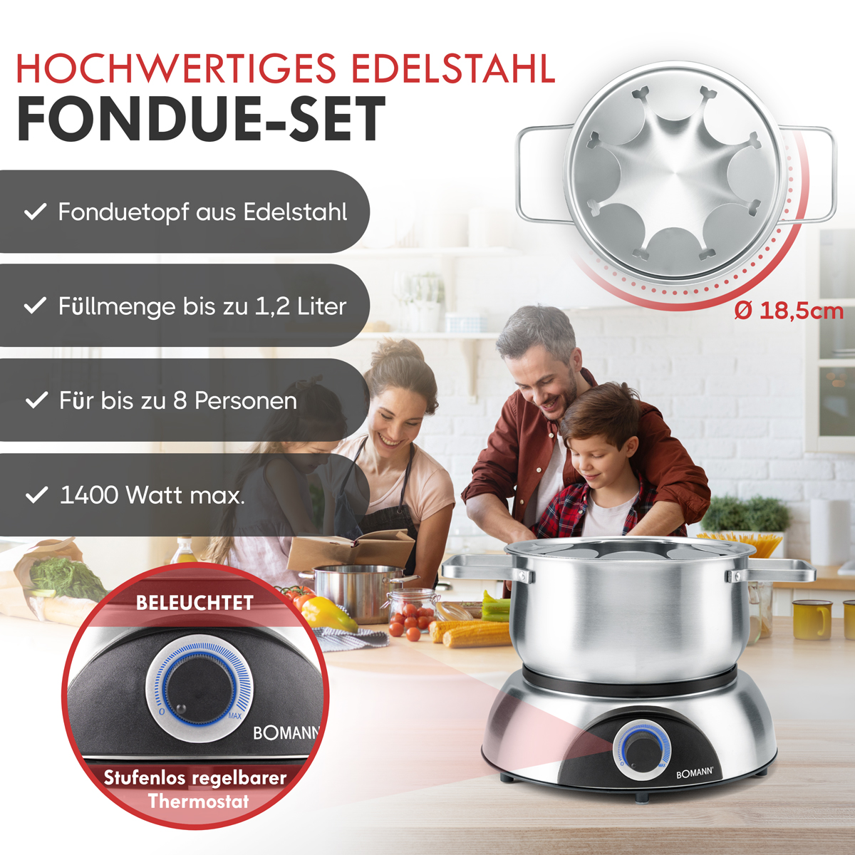 Zestaw do fondue ze stali nierdzewnej z gotującą rodziną. Tekst: Garnek do fondue, 1,2 litra, do 8 osób.