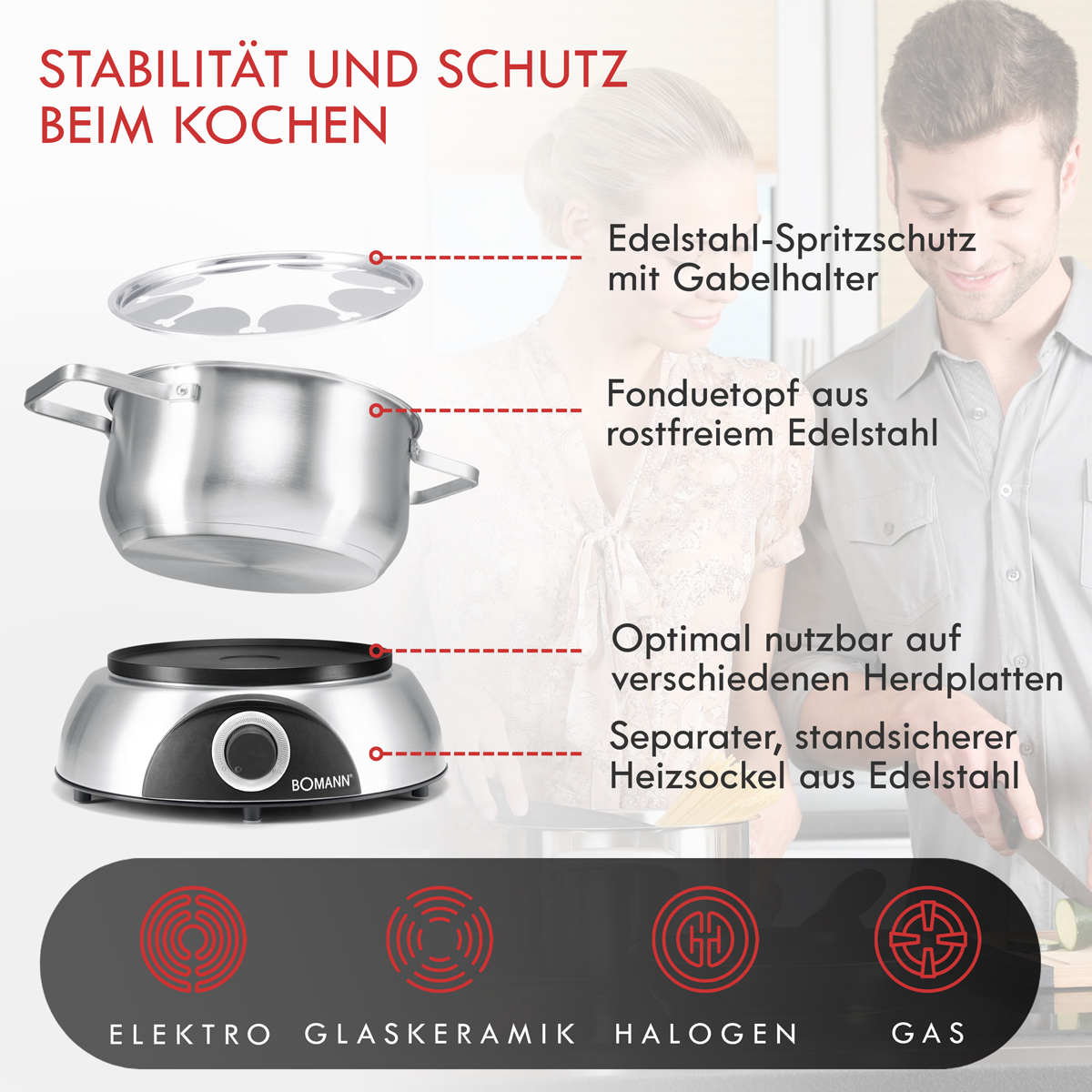 Zestaw do gotowania ze stali nierdzewnej z etykietami cech i symbolami elektrycznymi.