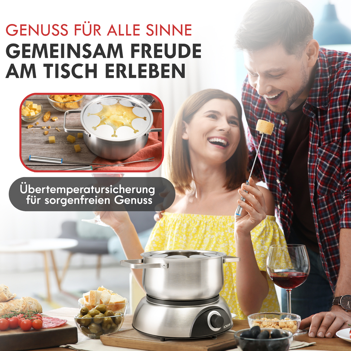 Para delektuje się fondue. Garnek do fondue stoi na stole z jedzeniem. Tekst brzmi: Przyjemność dla wszystkich zmysłów.