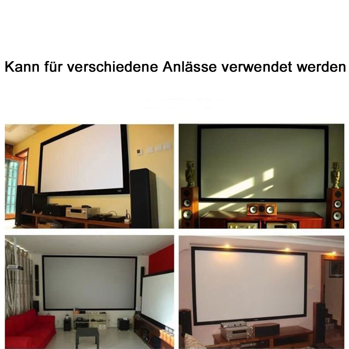 Vier Bilder zeigen Heimkino-Setups mit großen Projektionswänden in verschiedenen Räumen.
